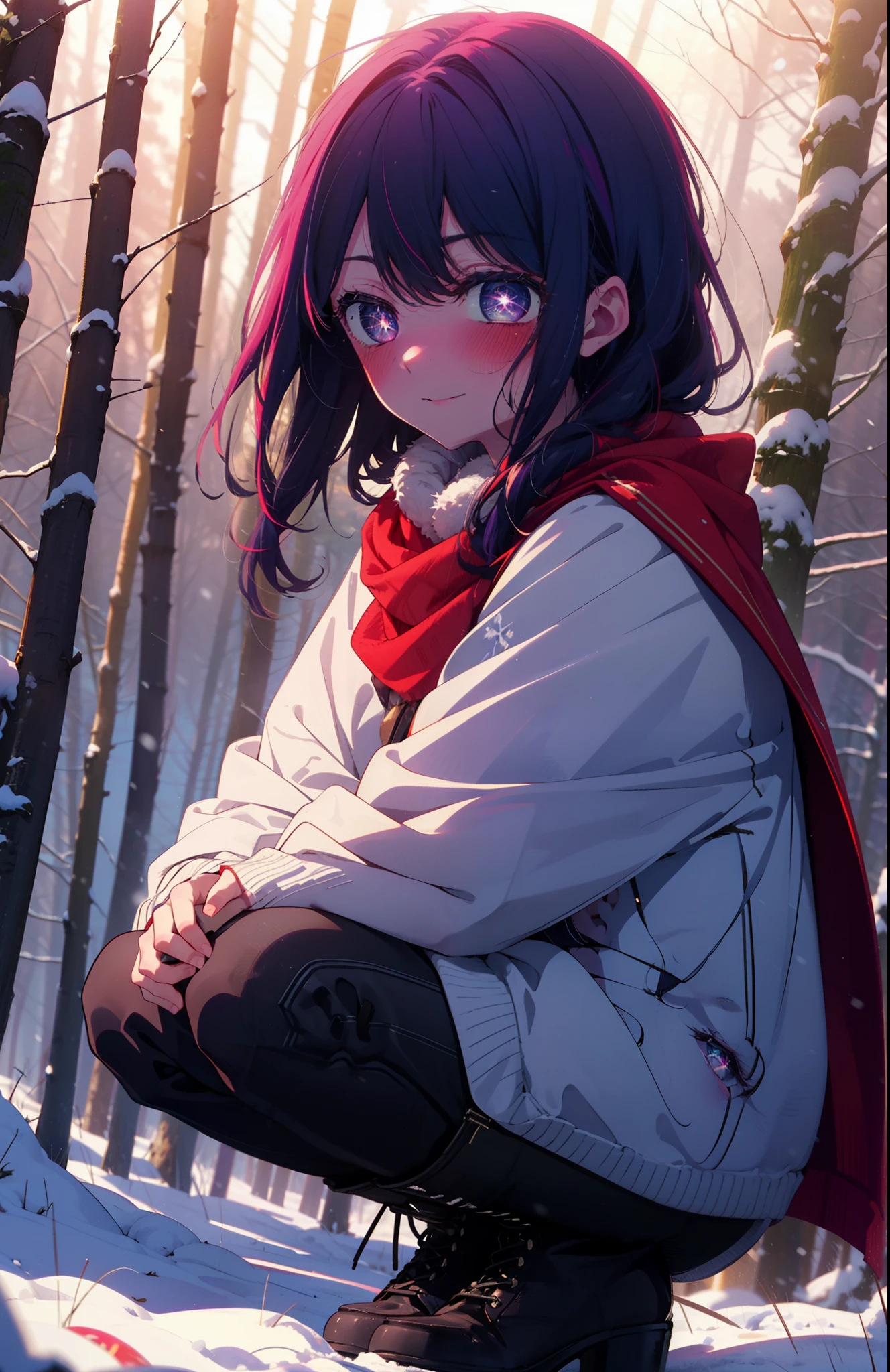 aihoshino, Ai Hoshino, Long Hair, bangs, (Purple eyes:1.1), Purple Hair, (Symbol-shaped pupil:1.5), smile,,smile,blush,white breath,
Open your mouth,snow,Ground bonfire, Outdoor, boots, snowing, From the side, wood, suitcase, Cape, Blurred, , forest, White handbag, nature,  Squat, Mouth closed, Cape, winter, Written boundary depth, Black shoes, red Cape break looking at viewer, Upper Body, whole body, break Outdoor, forest, nature, break (masterpiece:1.2), Highest quality, High resolution, unity 8k wallpaper, (shape:0.8), (Beautiful and beautiful eyes:1.6), Highly detailed face, Perfect lighting, Extremely detailed CG, (Perfect hands, Perfect Anatomy),