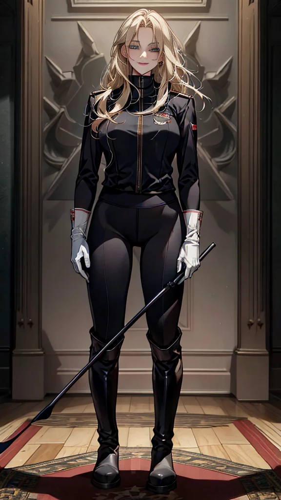 (highest resolution, distinct_image) best quality, a woman, solo, masterpiece, highly detailed, semi realistic, blonde medium hair, bangs, 18 years old, mature, young, tall strong, uniform, military uniform( large indoor background), cold, serious, tall, handsome, autocratic, powerful, exquisite facial features, exquisite facial features, (full body)(black knee-high boots:1.4)(dominatrix:0.3)(white Yoga pants:1.3),(gloves:1.5)(long sleeves),(active sportswear shirt),solo,1girl,(looking at viewer),(from below:0.9)(head turned upwards:0.3)(smiling:0.4)(bodysuit:0.3)(holding riding crop:1.2)(muscular:0.8)(shirt tucket in pants)(parquet flooring)(standing on floor)(pretty eyes)(staring)(yandere), white hair, superior smirk, smiling, devious, anime look, detailed drawing, manga, illustration , commanding, superior, tsumire eyes, pretty face