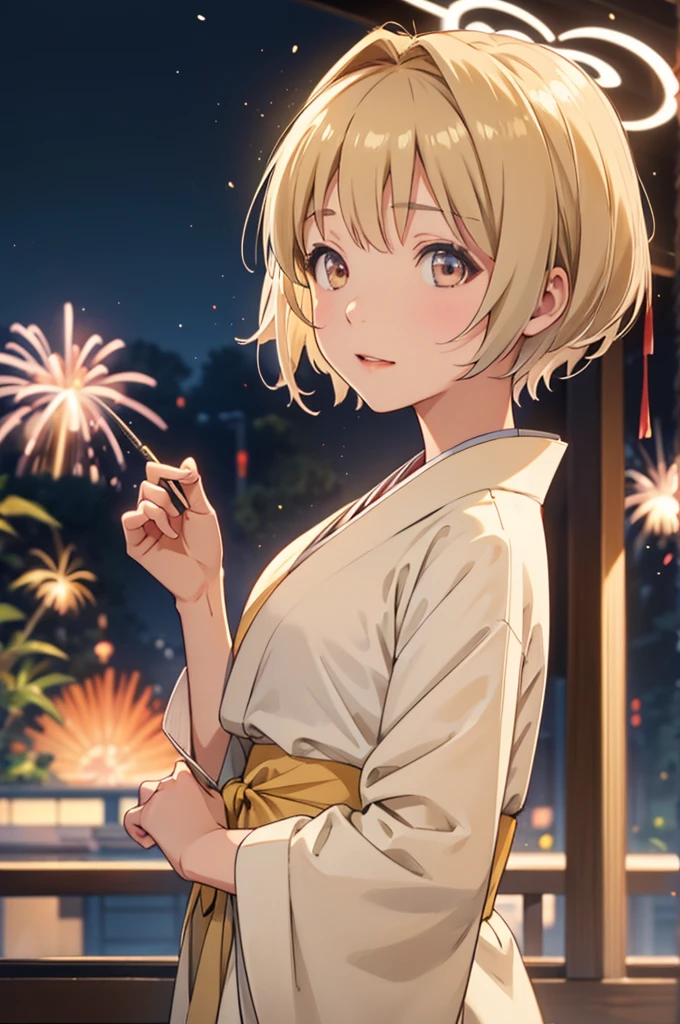 Takanashi hoshino kimono firework  niggt beige colored hair , short hair