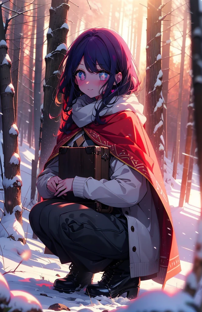 aihoshino, Ai Hoshino, Long Hair, bangs, (Purple eyes:1.1), Purple Hair, (Symbol-shaped pupil:1.5), smile,,smile,blush,white breath,
Open your mouth,snow,Ground bonfire, Outdoor, boots, snowing, From the side, wood, suitcase, Cape, Blurred, , forest, White handbag, nature,  Squat, Mouth closed, Cape, winter, Written boundary depth, Black shoes, red Cape break looking at viewer, Upper Body, whole body, break Outdoor, forest, nature, break (masterpiece:1.2), Highest quality, High resolution, unity 8k wallpaper, (shape:0.8), (Beautiful and beautiful eyes:1.6), Highly detailed face, Perfect lighting, Extremely detailed CG, (Perfect hands, Perfect Anatomy),