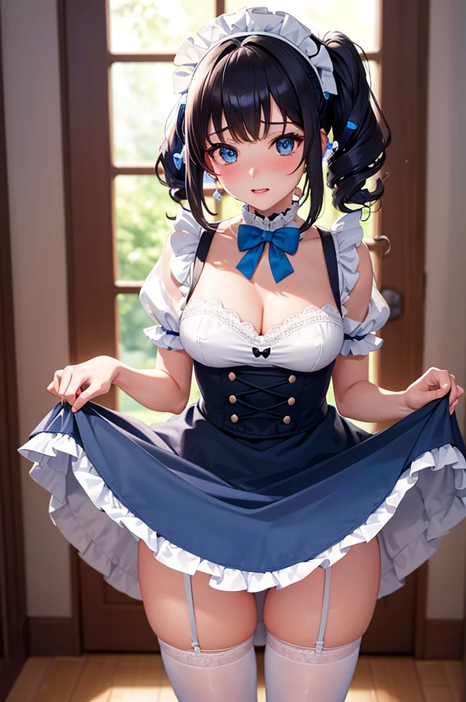 Arafed image of a beautiful girl dressed as a maid and white stockings, anime girl, royal blue maid uniform with miniskirt and ruffles, short sleeves, choker with a blue bow, white apron, low-cut chest, large round breasts, colored inner hair, dark brown hair, bangs, long hair, ponytail, wavy hair, swept bangs, shiny hair, hairclip, hair ribbon, maid headdress, butterfly hair ornament, aqua eyes, glowing eyes, pupils sparkling, earrings, shy, blush, red lips, glossy lips, teeth, nose blush, embarrassed, (standing, modern mansion, skirt lift), she looks back, you can see her panties, nice round buttocks, white lingerie with pretty lace, view from behind, her skirt accidentally rises, upskirt, full body, defined and perfect body, high detail, anime, anime style, chiaroscuro, depth of field, dithering, image fill, framed, wide shot, panorama, perspective, lens flare, Wide-Angle, f/1.8, 85mm, Nikon, 8k, super detail, UHD, retina, masterpiece, accurate, anatomically correct, high details, best quality, highres, 1080P, 16k