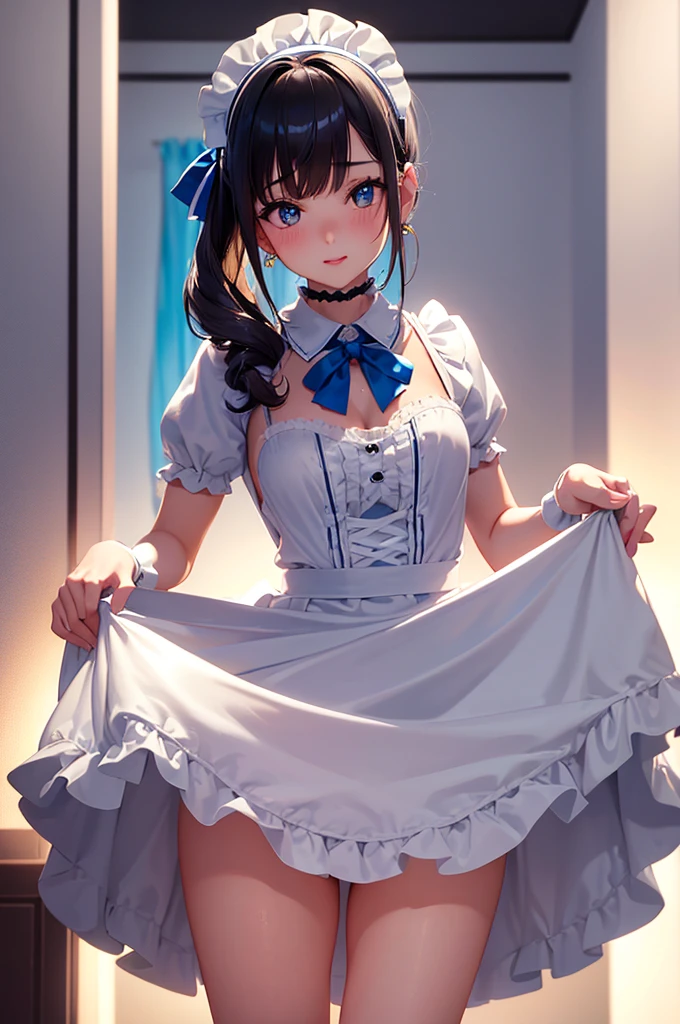 Arafed image of a beautiful girl dressed as a maid and white stockings, anime girl, royal blue maid uniform with miniskirt and ruffles, short sleeves, choker with a blue bow, white apron, low-cut chest, large round breasts, colored inner hair, dark brown hair, bangs, long hair, ponytail, wavy hair, swept bangs, shiny hair, hairclip, hair ribbon, maid headdress, butterfly hair ornament, aqua eyes, glowing eyes, pupils sparkling, earrings, shy, blush, red lips, glossy lips, teeth, nose blush, embarrassed, (standing, modern mansion, skirt lift), she looks back, you can see her panties, nice round buttocks, white lingerie with pretty lace, view from behind, her skirt accidentally rises, upskirt, full body, defined and perfect body, high detail, anime, anime style, chiaroscuro, depth of field, dithering, image fill, framed, wide shot, panorama, perspective, lens flare, Wide-Angle, f/1.8, 85mm, Nikon, 8k, super detail, UHD, retina, masterpiece, accurate, anatomically correct, high details, best quality, highres, 1080P, 16k