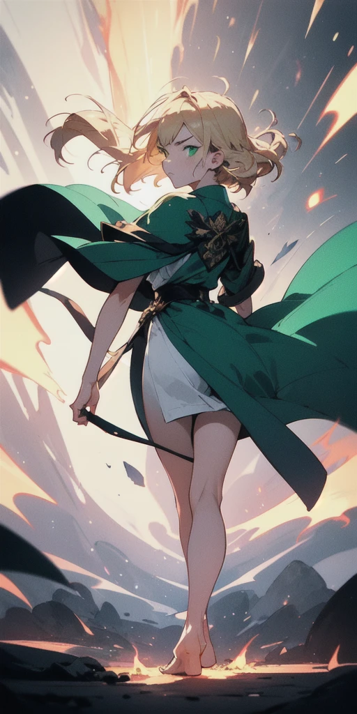 (masterpiece:1.1), (1 anime girl:1.1), high resolution, high contrast, (slow motion:1.3), vivid color, soft lighting, glowing skin, a girl on battle field,(close battle:1.2), beautifuldetailedeyes, green eyes, eye contact, an extremely delicate and beautiful art, green mage robe outfit ,full body,feet, toes, multiple rays and particles, cast a flame magic,from behind,One girl is a light blonde hair, annoyed