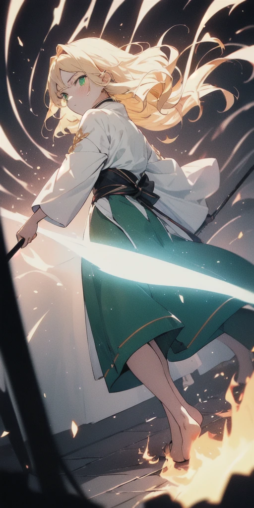 (masterpiece:1.1), (1 anime girl:1.1), high resolution, high contrast, (slow motion:1.3), vivid color, soft lighting, glowing skin, a girl on battle field,(close battle:1.2), beautifuldetailedeyes, green eyes, eye contact, an extremely delicate and beautiful art, green mage robe outfit ,full body,feet, toes, multiple rays and particles, cast a flame magic,from behind,One girl is a light blonde hair, annoyed