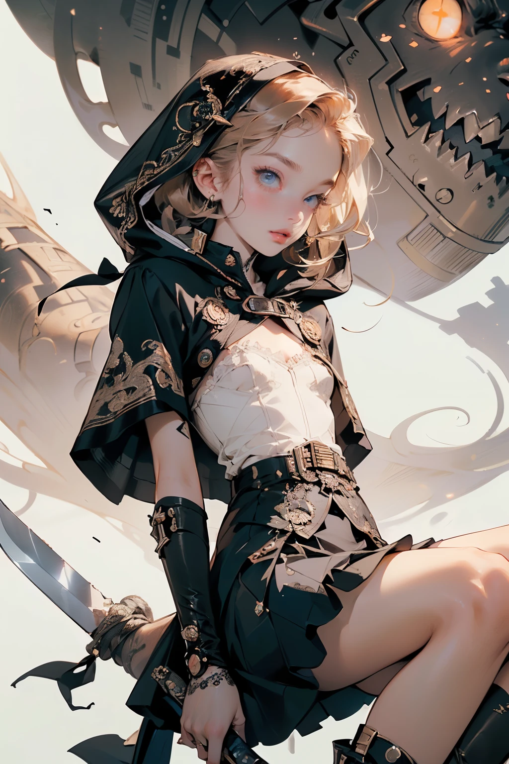 (((masterpiece, of the highest quality, super detailed))), (a female knight of an occult order), ((((wielding a sword with a digital glitch-like effect to the blade as though it is rapidly flickering in and out of reality with a very slight warping effect around it similar to gravitational lensing)))), Edwardian/Victorian era inspired, ((minimal but intricate beautiful armour)), Fluttering lace flared dress with frilly petticoats, ((((Highly detailed face))), (((Very sharp focused eyes))), very long eyelashes, small breasts, (((flat chest:1.1))), occult aesthetic, (red and white clothing detailed and intricate steampunk and detailed gothic), (with a hood), complex lace boots