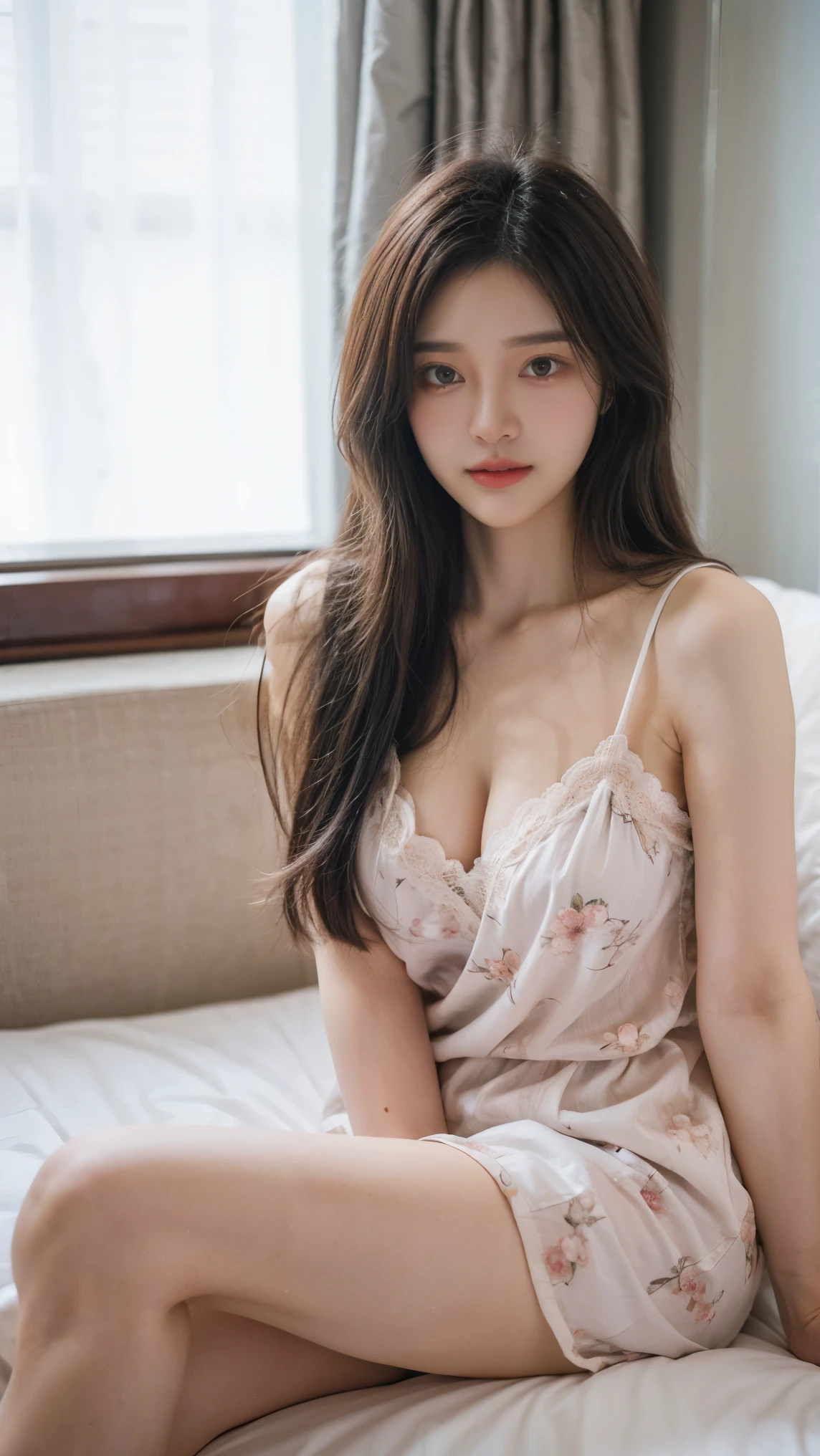 beautiful young woman, heart-shaped face, large almond eyes, sparkling eyes, porcelain skin, realistic skin texture, silky black hair, gentle waves, detailed strands, natural highlights, small rosy lips, subtle smile, Korean idol beauty, purity, sophistication, youthful charm, pastel-colored outfit, light floral pattern blouse, modern minimalist style, soft ambient lighting, rim lighting, ambient occlusion, sitting, natural big breast, pajamas, blurred background, modern urban setting, city lights in the distance, softly lit scene