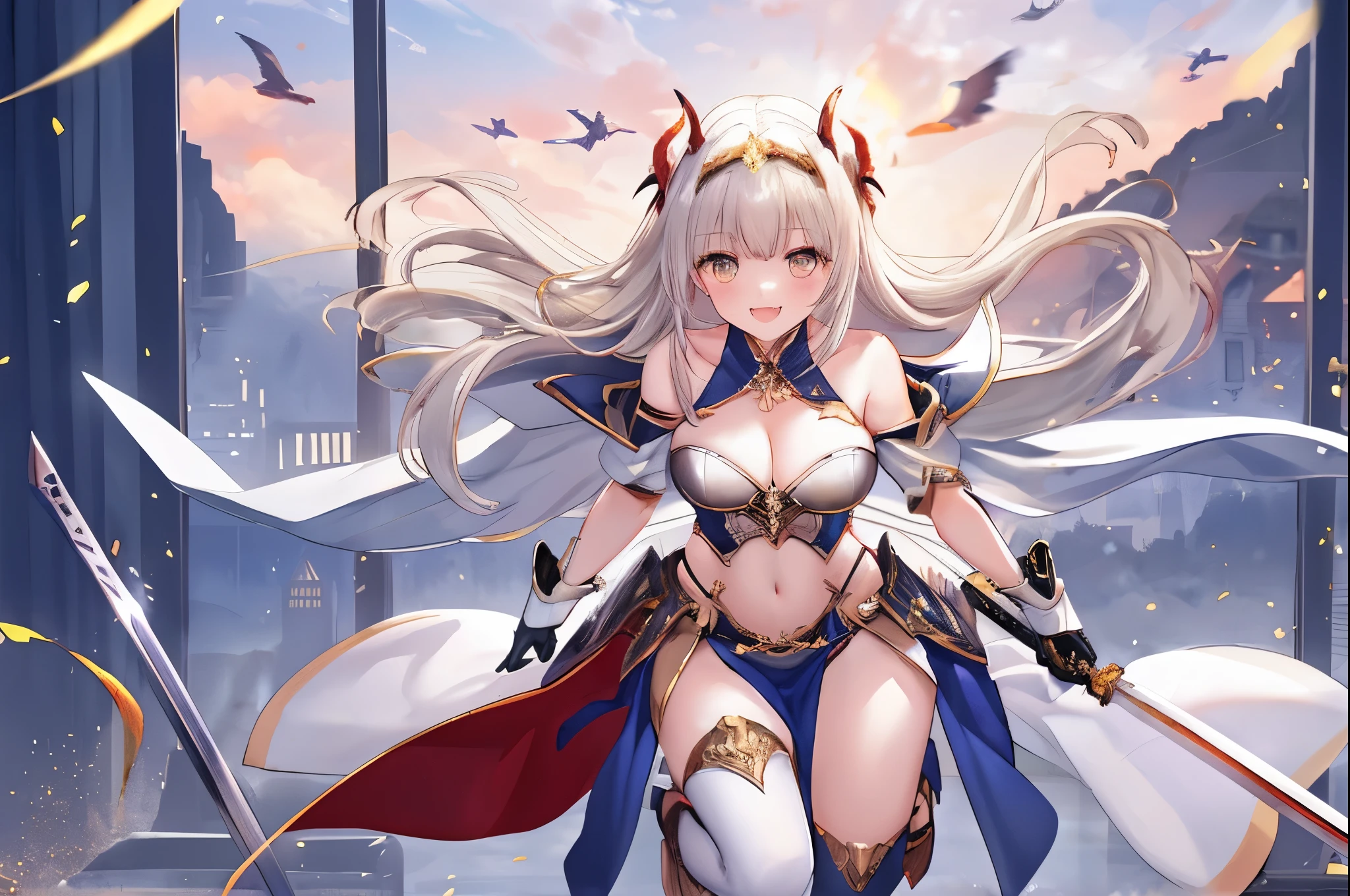 fantasy, 1devil_girl, low_, platina_blond_hair,long_bangs,, bare_shoulder, navel out, thighhighs,silver_armor, white_clothes,waist_armor, Glebe, hold_swords, large_breasts, dynamic_flying_pose,Floating,(pelvic_curtain:1.3), silver_Headgear ,looking_down_at_sunrise_city_sky_background,,slightly_spread_legs, some_swords,some_swords_floating_around_the_girl,solo,horn ,smile,,open_legs,open_arms,rise_knee,rise_leg,rise_thigh,rise_leg,forward_leaning_posture,apart_legs,fang,Shiny_gold_eyes,crotch