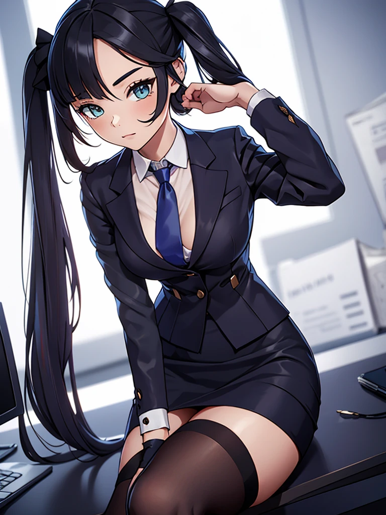 (mona), 1girl, wearing a office suit, black tight skirt, at an office, Mona's hair style , 8k, high detailed, high quality