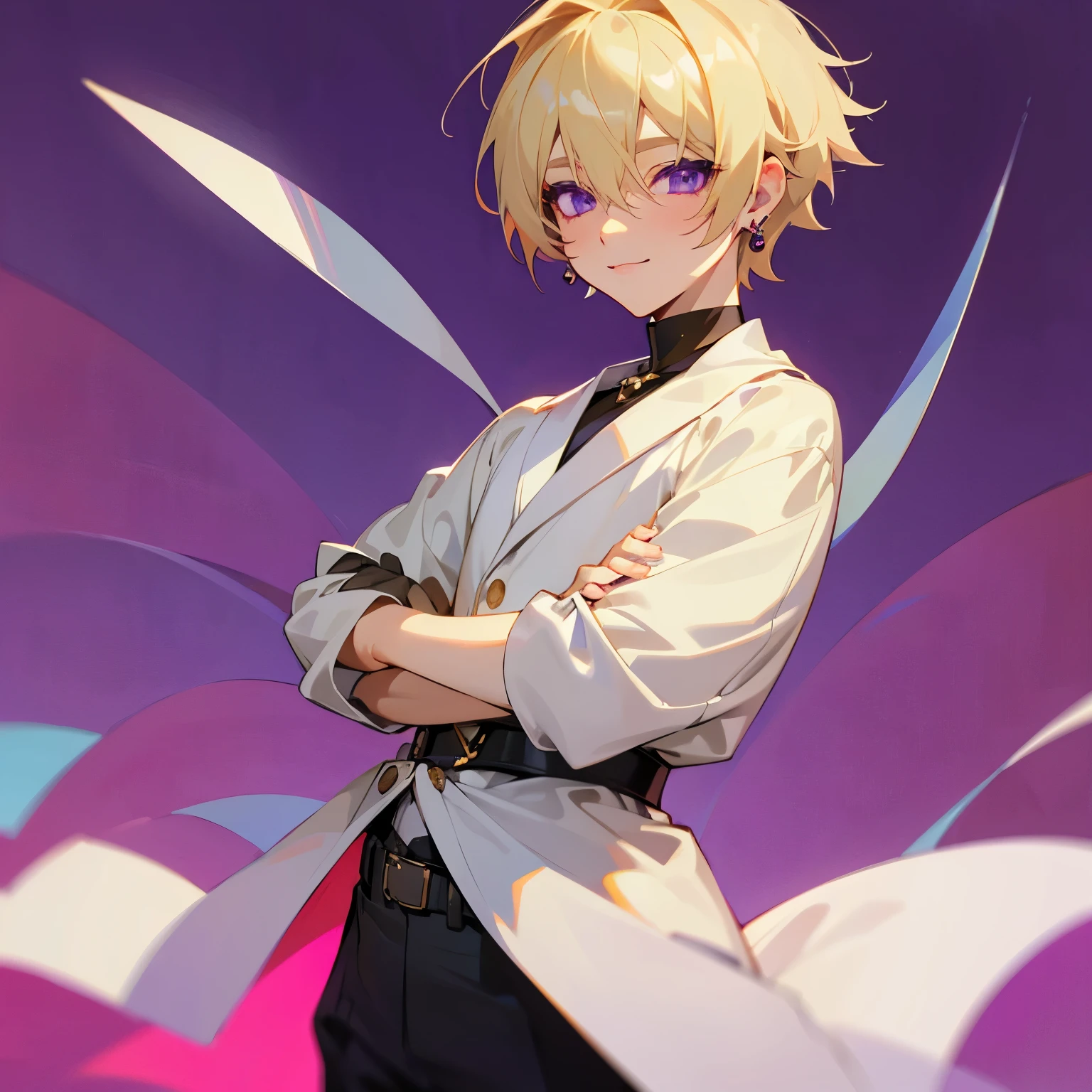 1 boy, femboy, Solo, High Resolution, Masterpiece, Best Quality, Short Hair, Blonde Hair, Hair Between Eyes, Earrings, Purple Eyes, Smile, Simple background, Jewelry, Anime Style,