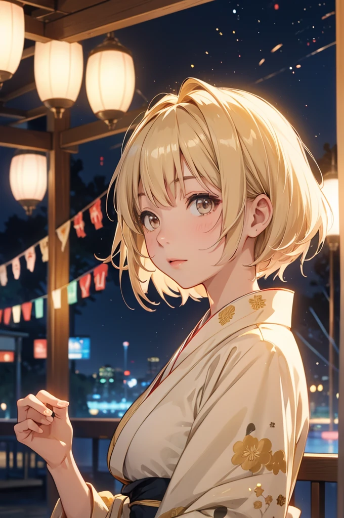 Takanashi hoshino kimono firework night beige colored hair , short hair