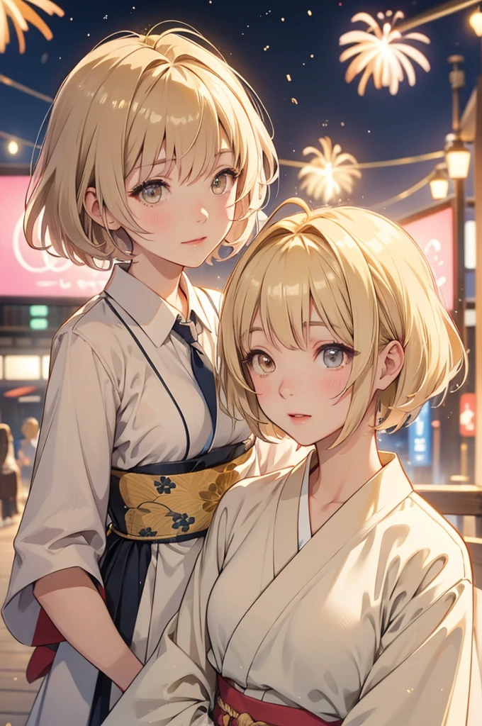 Takanashi hoshino kimono firework night beige colored hair , short hair