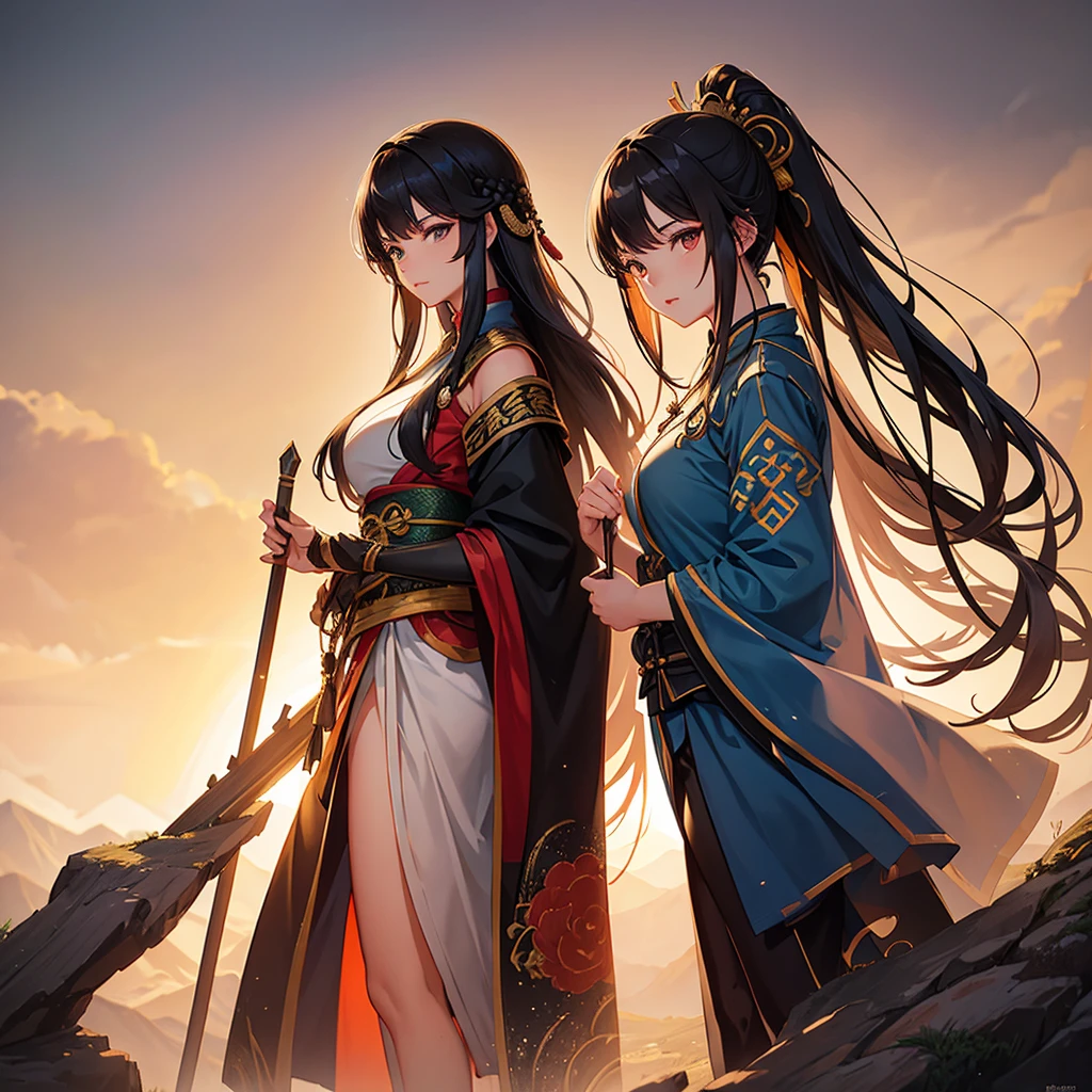 A beautiful young woman in the costume of an ancient Chinese general with long black hair, a barrette, and a long spear in her hand. Standing on the Great Wall of China looking down, close up ,sunset.