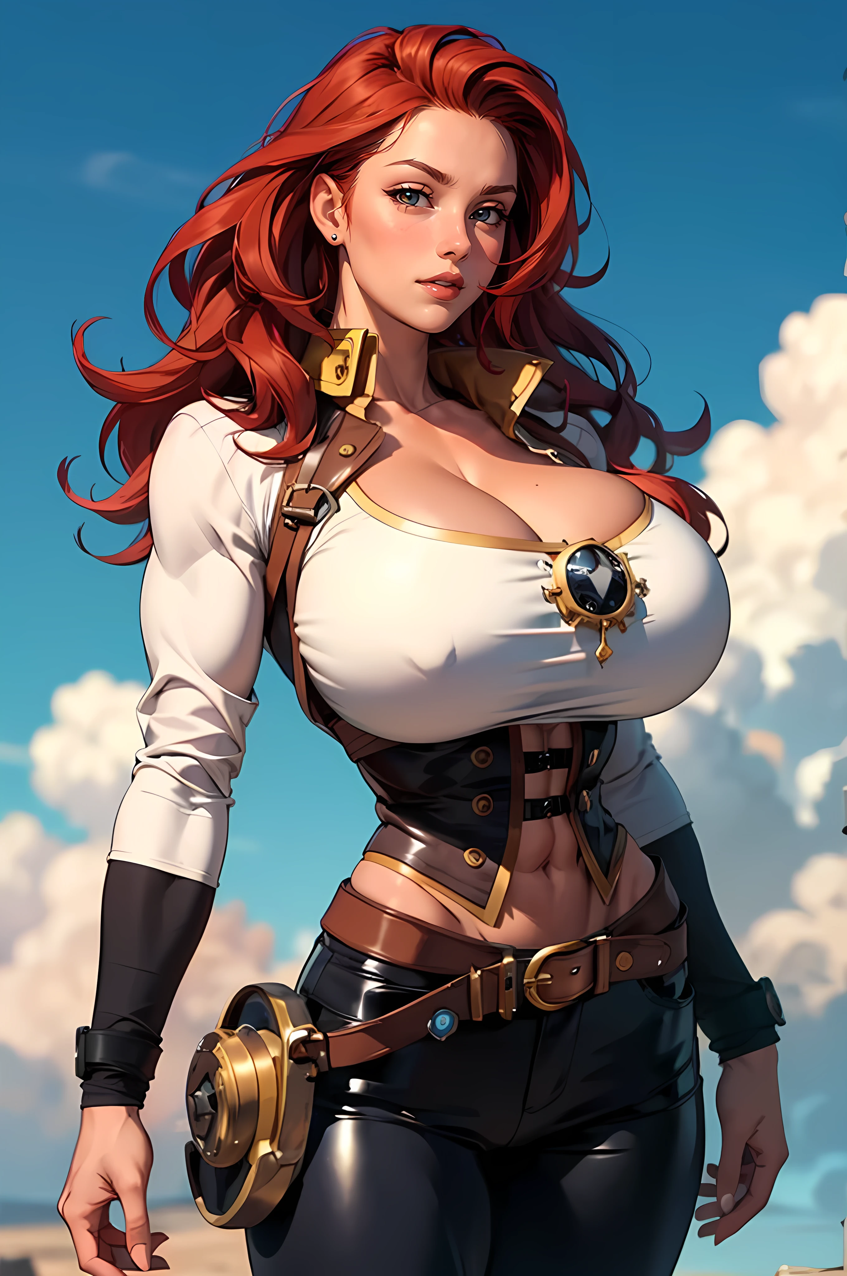 Girl with wavy red hair and rebellious, golden eyes and tanned skin, Steampunk pirate style clothes, (((Massive Female Bodybuilder))), (gigantic breasts), background with clouds, realistic manhwa style.