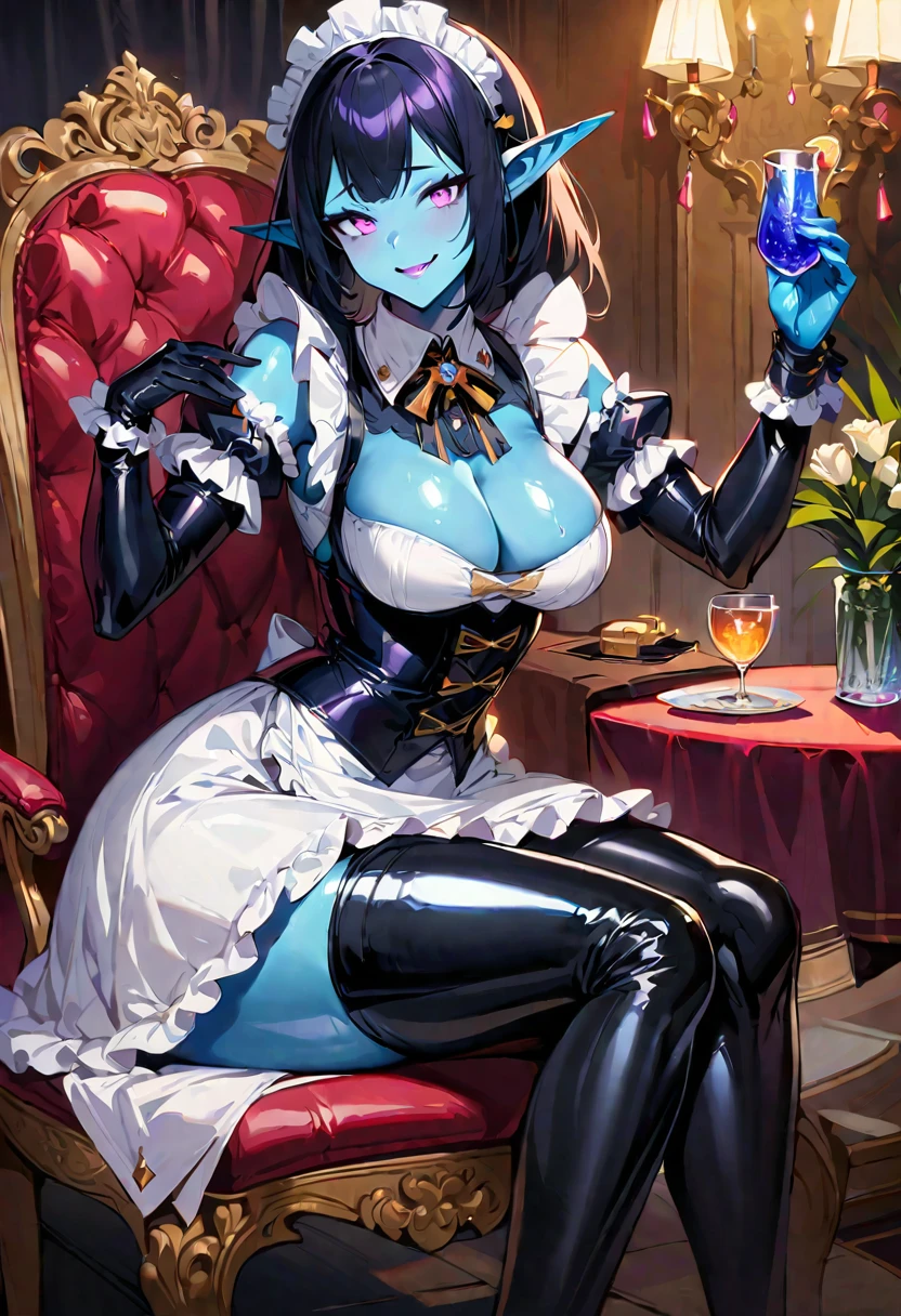 1 mature woman,(Highest quality,Extremely detailed depiction,Incredibly absurd high resolution,Anatomically accurate depiction,Curvy Legs),(Glowing Skin,Shiny skin),(Glowing Skin,Shiny skin,Oilskin),(Sexy maid),(Blue Skin:1.5,Dark Elf:1.2),(Luxurious decorations,Long gloves,Black and white latex maid outfit,Maid Skirt,corset,See-through,black tights),eyelash,A little sweat,(Purple Eyes,Detailed pupil,Half-closed eyes:1.5,Crazy Eyes,There is cleavage in the chest,Wicked Smile,glossy purple lipstick,Seductive gestures),(whole body),Holding a glass tulip in her hand:1.5