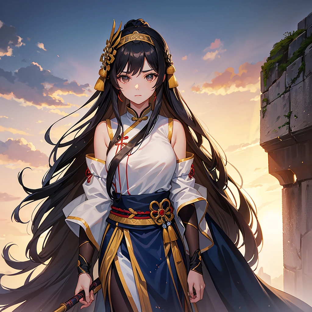 A beautiful young woman in the costume of an ancient Chinese general with long black hair, a barrette, and a long spear in her hand. Standing on the Great Wall of China looking down, close up ,sunset.