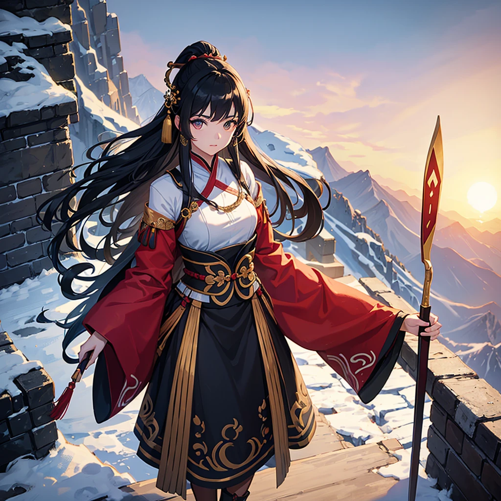 A beautiful young woman in the costume of an ancient Chinese general with long black hair, a barrette, and a long spear in her hand. Standing on the Great Wall of China looking down, close up ,sunset.