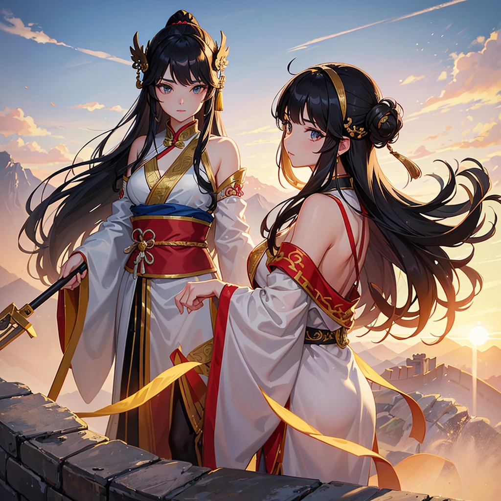 A beautiful young woman in the costume of an ancient Chinese general with long black hair, a barrette, and a long spear in her hand. Standing on the Great Wall of China looking down, close up ,sunset.