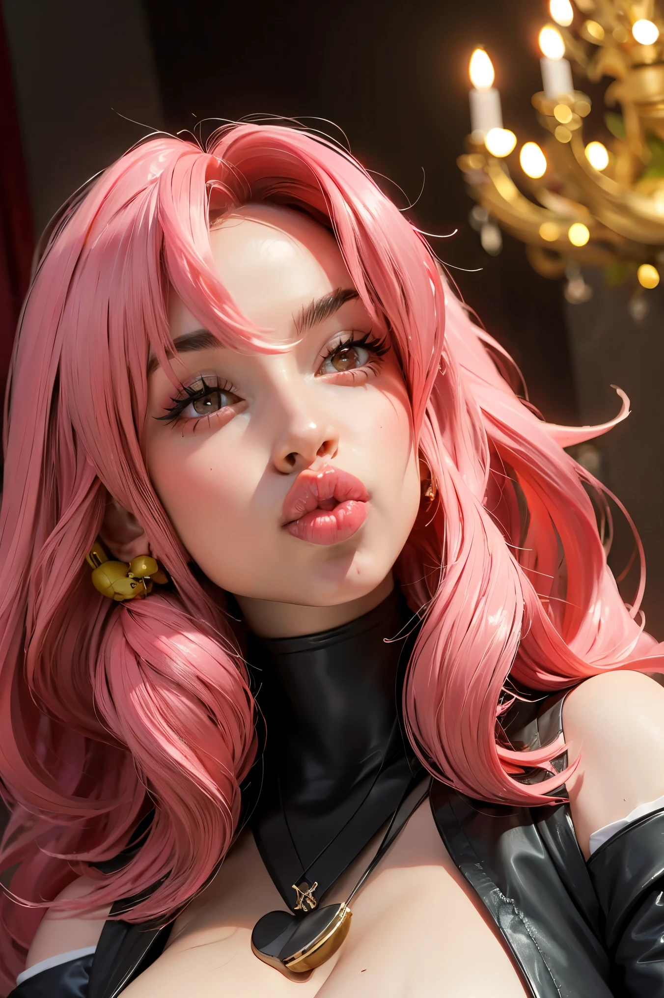 Nicole Demara(Zenless Zone Zero),(1 girl), Red eyes,long hair,, big lips, anime, beautiful lips,, ((Best quality)), Soft fill, pink hair, a high resolution, hourglass body, , sexy POV video, big lips, ((Red eyes)), , big lips,x ornament, ornament, Duck Face, focus on lips, shiny lips,