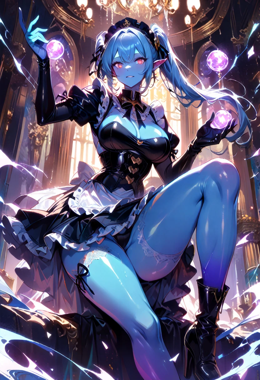 1 mature woman,(Highest quality,Extremely detailed depiction,Incredibly absurd high resolution,Anatomically accurate depiction,Curvy Legs),(Glowing Skin,Shiny skin),(Glowing Skin,Shiny skin,Oilskin),(Sexy maid),(Blue Skin:1.5,Dark Elf:1.2),(Luxurious decorations,Long gloves,Black and white latex maid outfit,Maid Skirt,corset,See-through,black tights),eyelash,A little sweat,(Purple Eyes,Detailed pupil,Half-closed eyes:1.5,Crazy Eyes,There is cleavage in the chest,Wicked Smile,glossy purple lipstick,Seductive gestures),(whole body),Holding a glass tulip in her hand:1.5