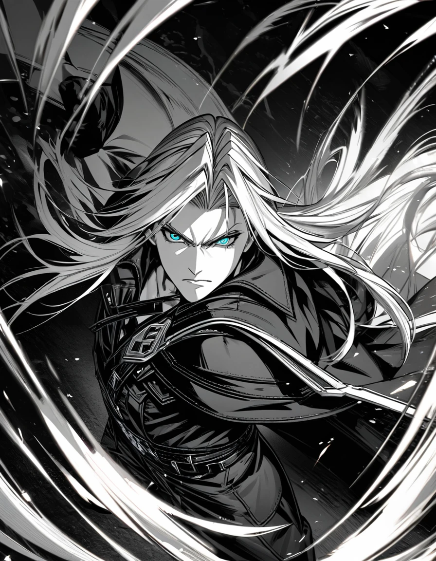 Ultra detailed, Highres, absurdres, HDR, Sephiroth, silver hair, Final Fantasy VII Remake, handsome, 1 man only, very detailed face and eyes, manga , monochrome , fighting stance