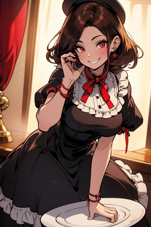 Perfect face. Perfect hands. A brown haired woman with red eyes and an hourglass figure in a ta maid dress is serving a plate of lunch in a fancy maid cafe with a big smile