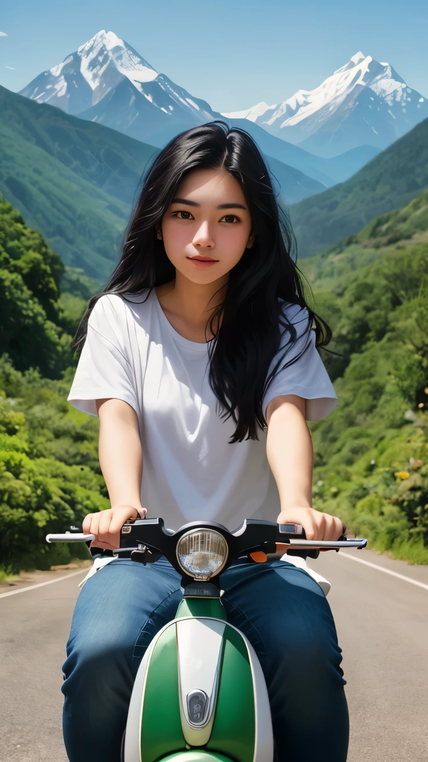 ((best quality)), ((masterpiece)), (detailed), A portrait closeup of a long black haired teenage girl riding a scooter surrounded by butterflies and greenery with a mountain in the background
