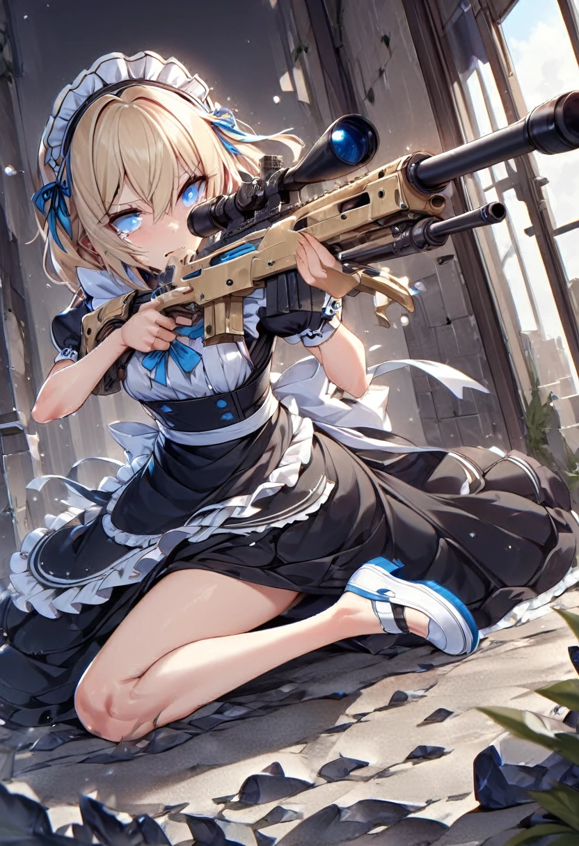 ((Highest quality:1.6)), ((Ultra-high resolution:1.6)), ((Masterpiece:1.6)), (Very detailed:1.6), (Perfect Face:1.6), (Detailed illustrations:1,4), (Perfect Eyes:1.6), (Detailed eyes:1.4), (Perfect Anatomy:1.6), girl, cute, (The cuteness of an angel, Mouth is open, ), (Blonde, Small breasts, Black Dress, White apron, Blue ribbon, Apron dress, Classic maid outfit, shoes, barefoot, Long:1.4), (Sniper from the walls, sniper rifle:1,4), Castle Defense, (Looking through the scope, ready to shoot, Aiming for prey, Low posture, Side angle, Obstacles such as low rocks and walls:1.4), (Barret M82:1,4), Sniper Rifle, profile, Gunfight, (Stains on clothes:1,4), (Dirty with ash and soot:1,4), (Tearing of clothes:1.2),