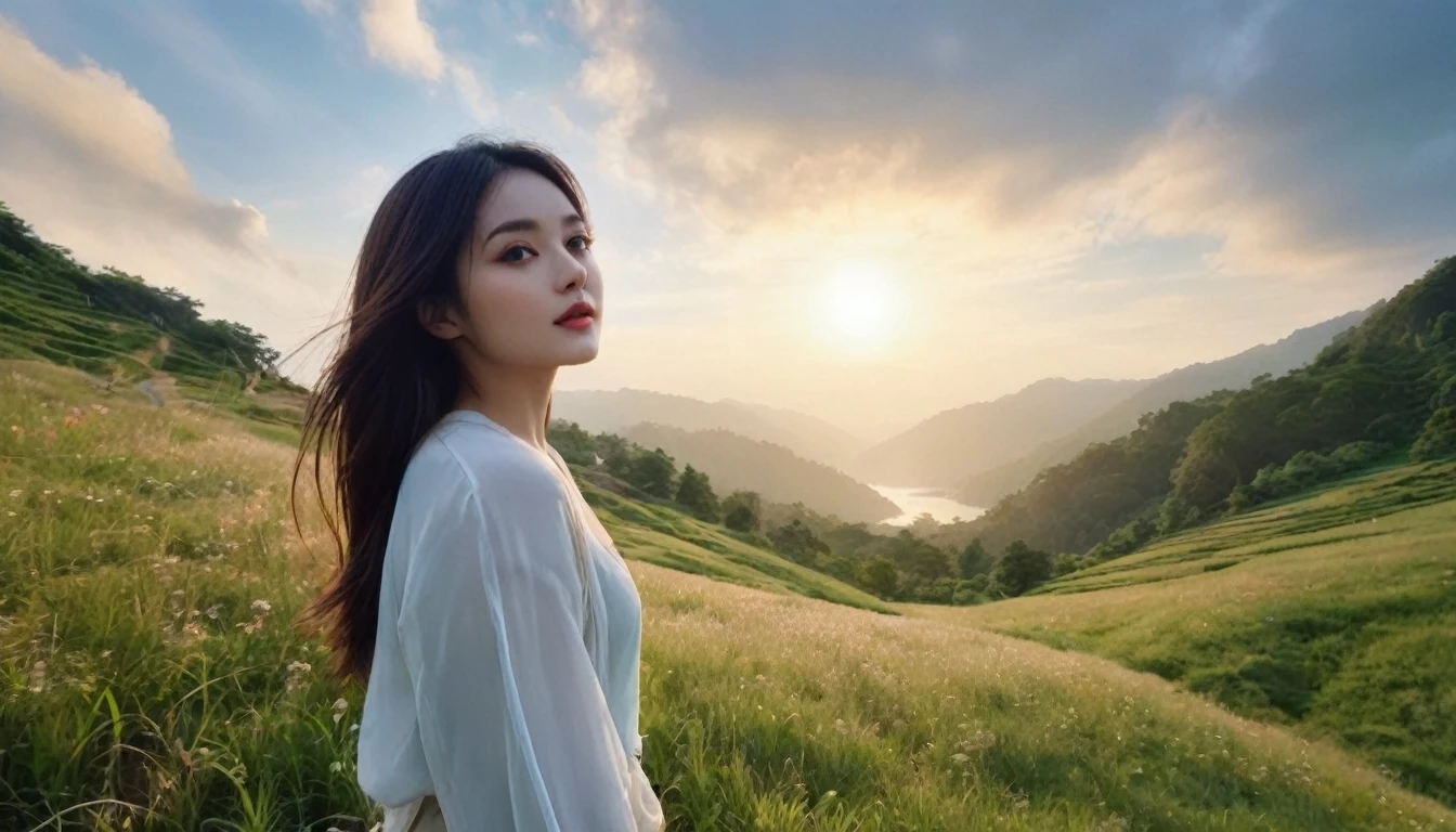 Beautiful scenery and a beautiful woman with a lovely aura