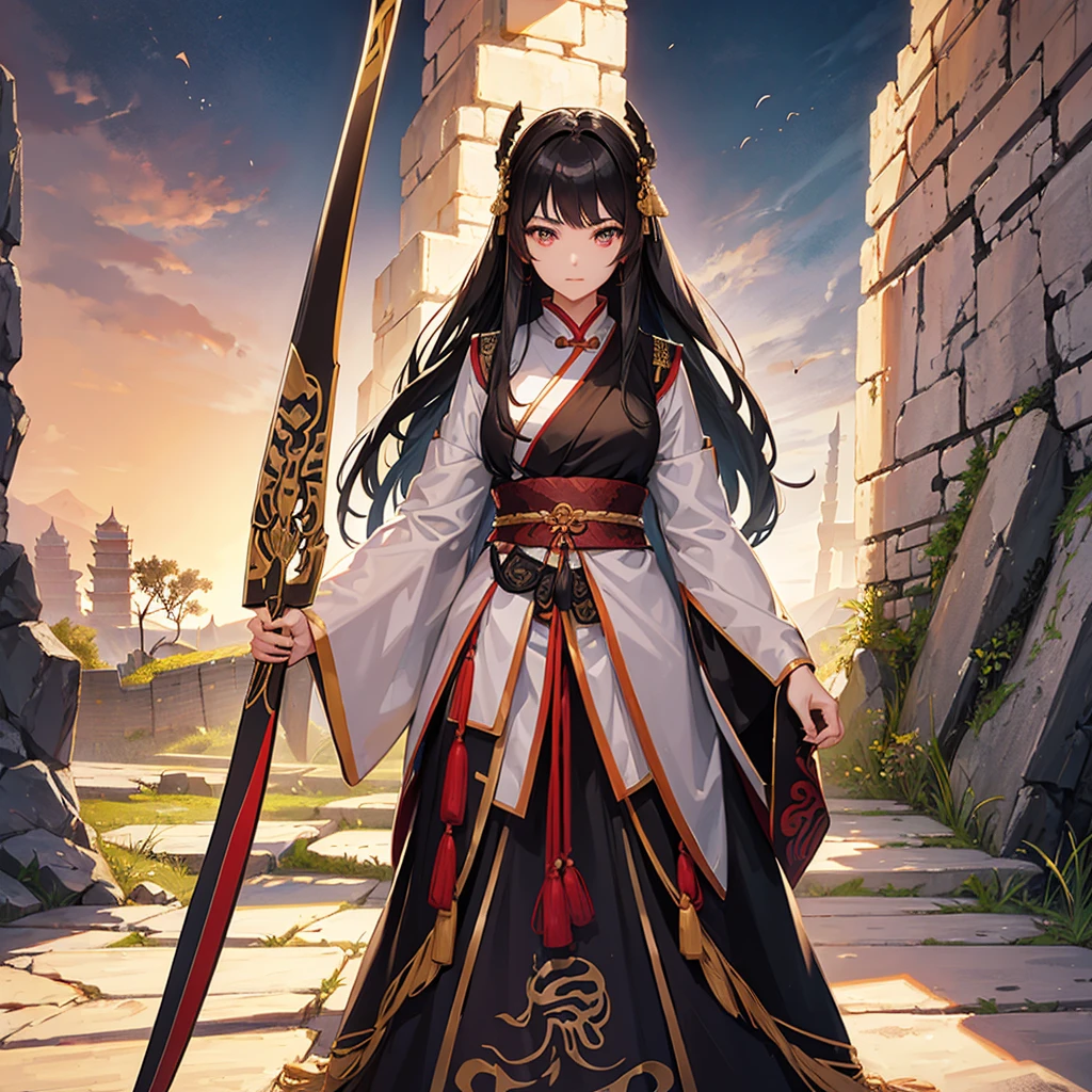 A beautiful young woman in the costume of an ancient Chinese general with long black hair, a barrette, and a long spear in her hand. Standing on the Great Wall of China looking down, close up ,sunset.