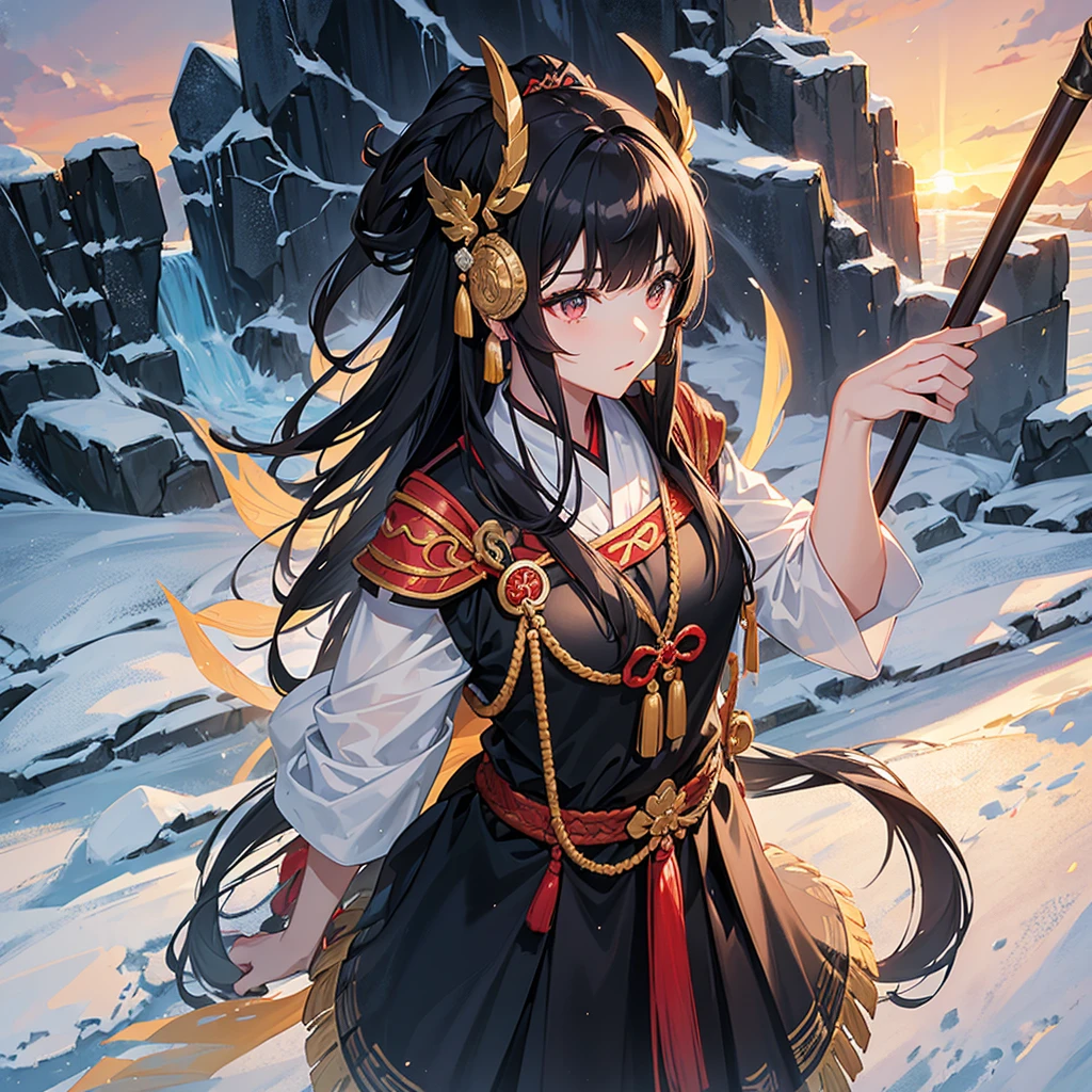 A beautiful young woman in the costume of an ancient Chinese general with long black hair, a barrette, and a long spear in her hand. Standing on the Great Wall of China looking down, close up ,sunset.