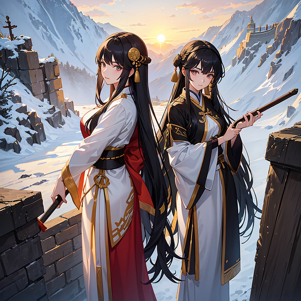 A beautiful young woman in the costume of an ancient Chinese general with long black hair, a barrette, and a long spear in her hand. Standing on the Great Wall of China looking down, close up ,sunset.