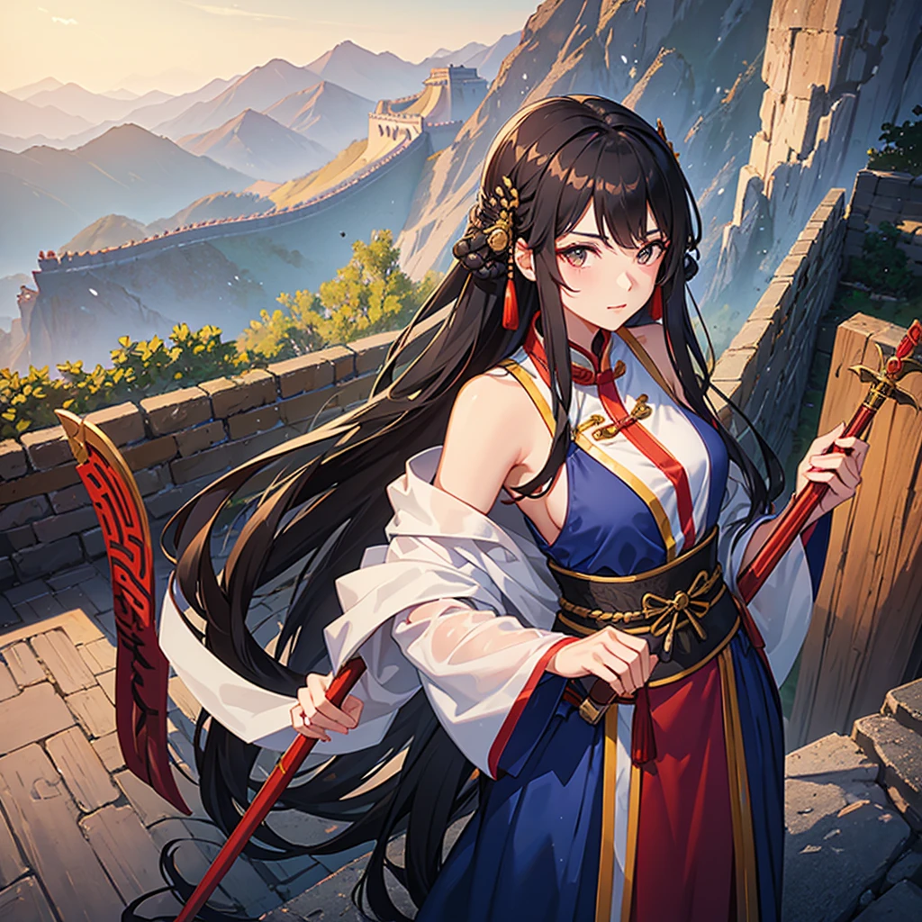 A beautiful young woman in the costume of an ancient Chinese general with long black hair, a barrette, and a long spear in her hand. Standing on the Great Wall of China looking down, close up ,sunset.