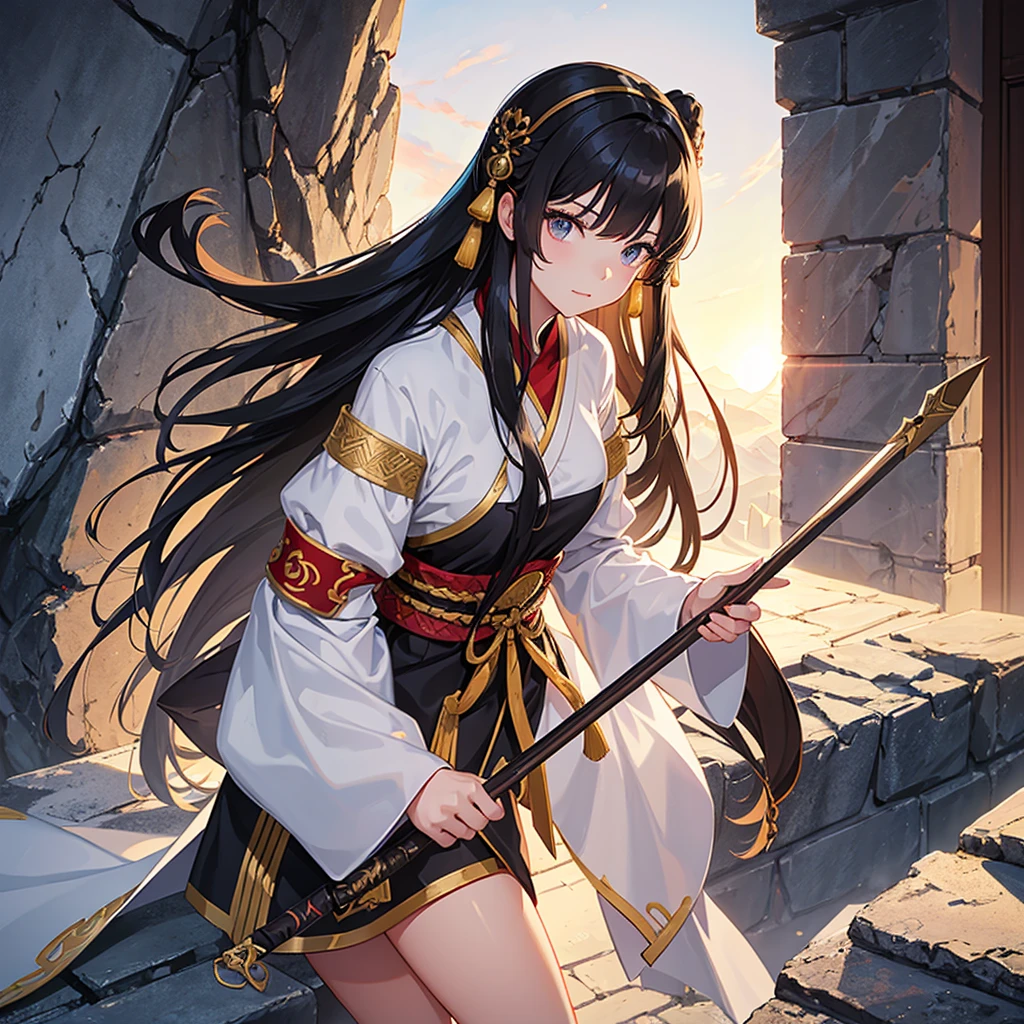 A beautiful young woman in the costume of an ancient Chinese general with long black hair, a barrette, and a long spear in her hand. Standing on the Great Wall of China looking down, close up ,sunset.