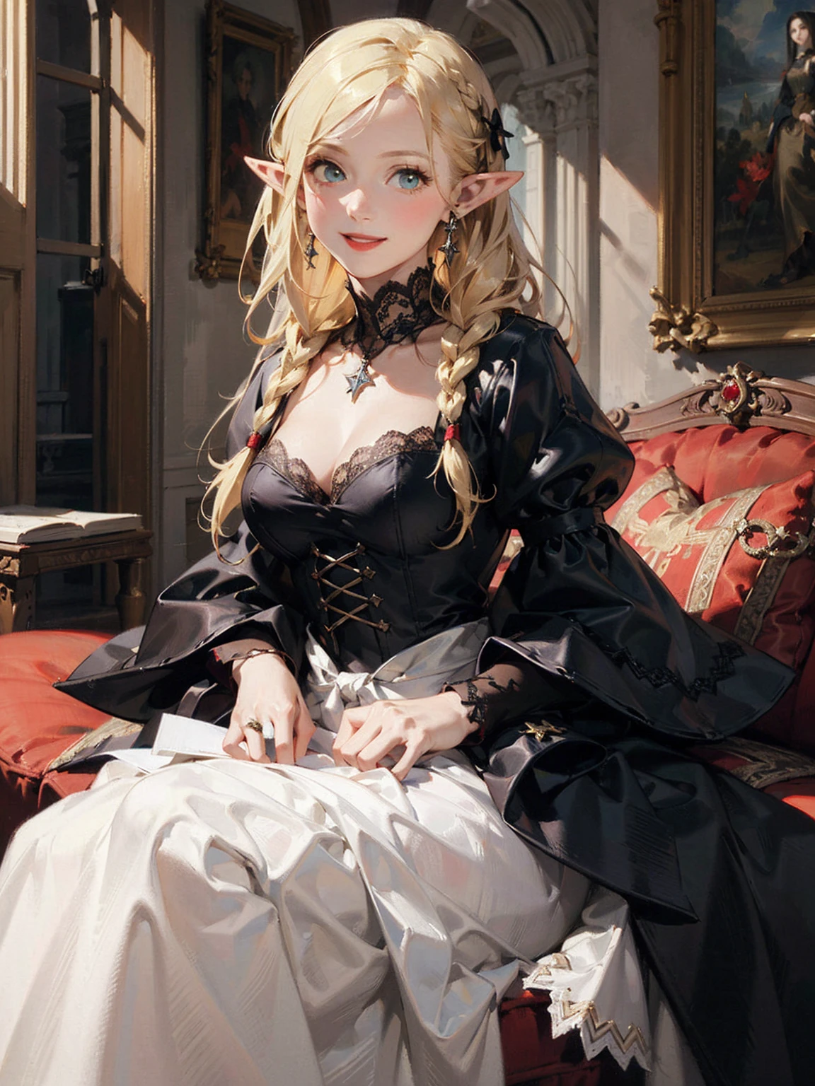 Gothic fashion woman,(masterpiece, Highest quality) detailed,Silver Accessories , blonde ,Pointy Ears ,Lace Underwear,Double Tail,Waist-length hair,smile,White lace socks,Rococo、Gorgeous dress