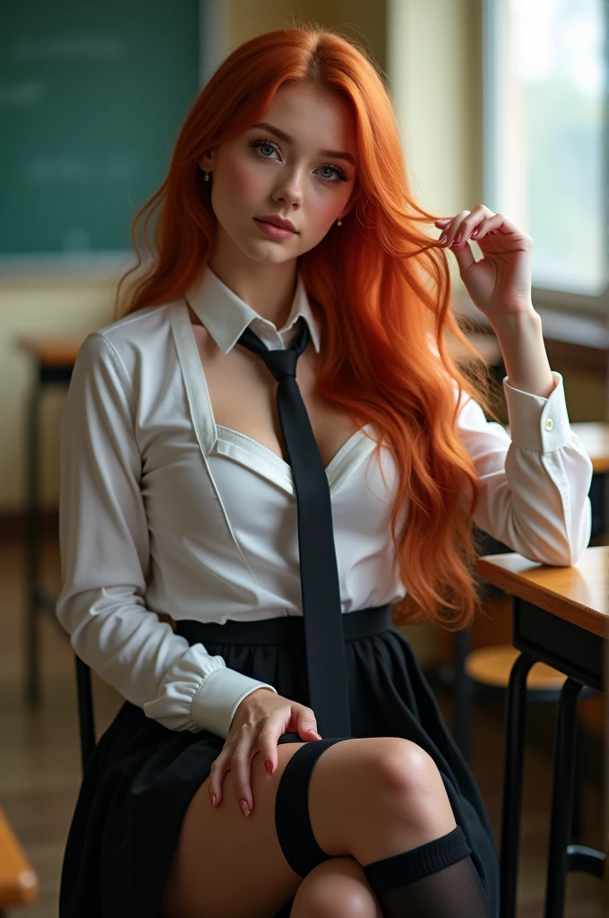 ultra realistic, photography, long red hair, girl, 24 years old, hourglass figure, perfect body, small breasts, Flirty look, blur background, wearing a school girl outfit (open blouse with cleavage, skirt, black thigh socks, a tie), sitting in classroom, sitting on a chair behind her desk, looking sedcutivly, playing with a strand of her hair, she has her legs crossed, 