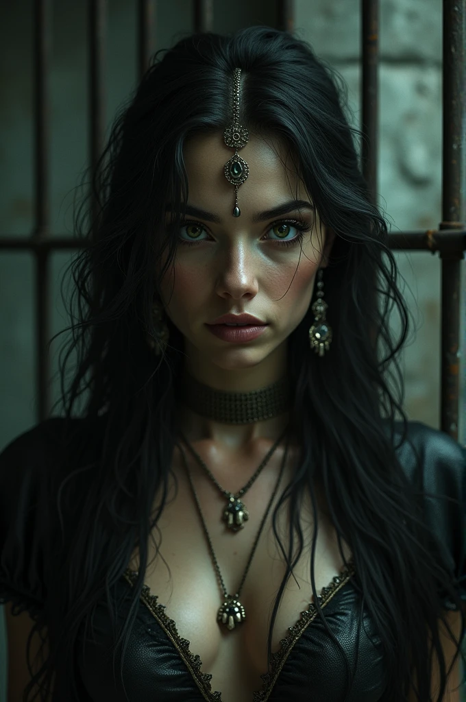 a beautiful woman in a prison cell, intricate detailed face, piercing eyes, delicate facial features, long flowing hair, ornate jewelry, tattered clothing, prison bars, somber lighting, dramatic shadows, cinematic composition, muted color palette, gritty realism, hyper detailed, award winning digital art