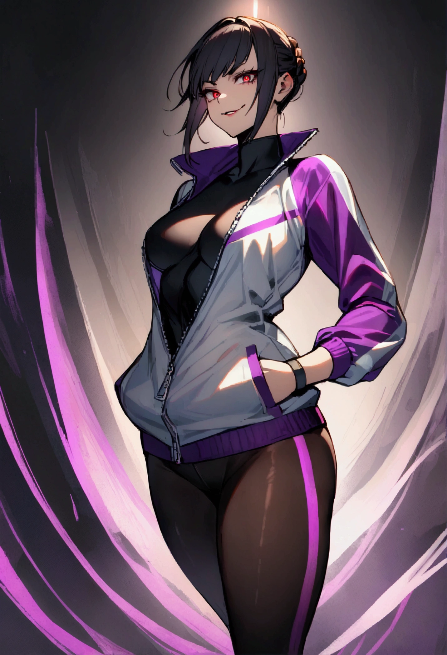 beautiful young fitness woman with , in a gym wearing May with black pantyhose, tight white and purple gym jacket. standing alone,red eyes glowing,Evil smile,legging preto ,labiaa,dark eye shadow,shining eyes,hands in our pockets,neckleace,jacket zipper half open,Tight black shirt,white sports tennis shoes,short hair with purple details,beautiful curves,whole body
