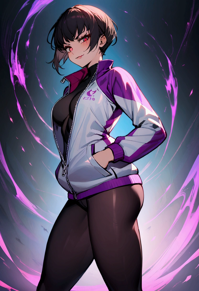 beautiful young fitness woman with , in a gym wearing May with black pantyhose, tight white and purple gym jacket. standing alone,red eyes glowing,Evil smile,legging preto ,labiaa,dark eye shadow,shining eyes,hands in our pockets,neckleace,jacket zipper half open,Tight black shirt,white sports tennis shoes,short hair with purple details,beautiful curves,whole body
