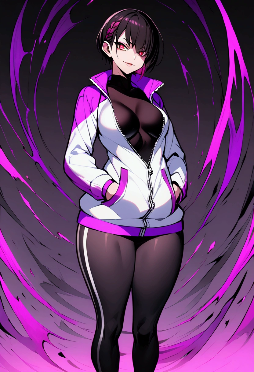 beautiful young fitness woman with , in a gym wearing May with black pantyhose, tight white and purple gym jacket. standing alone,red eyes glowing,Evil smile,legging preto ,labiaa,dark eye shadow,shining eyes,hands in our pockets,neckleace,jacket zipper half open,Tight black shirt,white sports tennis shoes,short hair with purple details,beautiful curves,whole body

