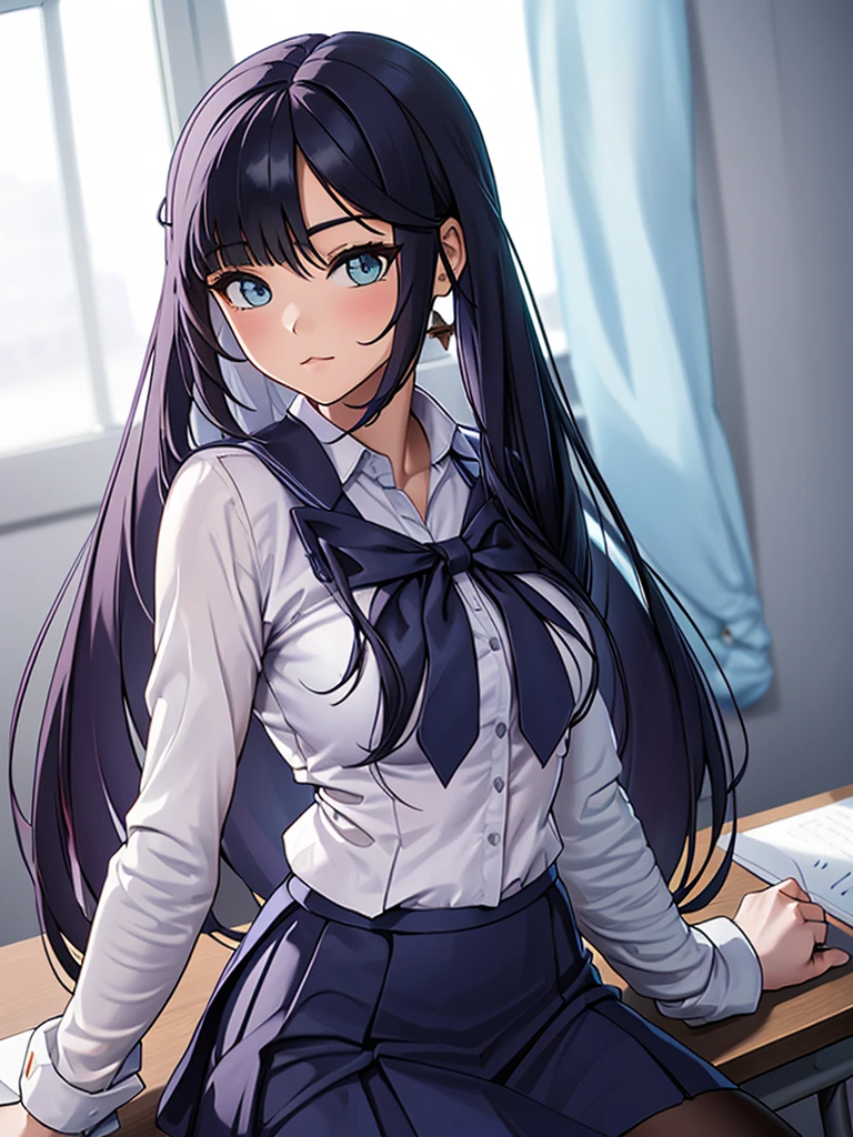 (mona), 1girl, as a school girl, wearing a school uniform with white shirt and blue skirt, at a classroom, Mona's hair style , 8k, high detailed, high quality