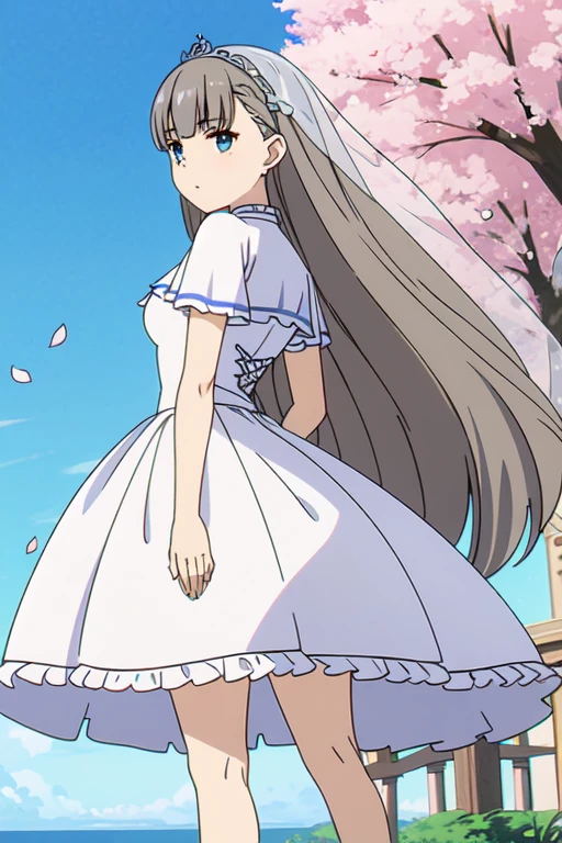 ((Bestquality))),((Ultra-detailed)),((illustration)),((Disheveledhair)),((frilld)),(1girl),(Solo), ((masterpiece)),(((best quality))),((ultra-detailed)),((illustration)),((disheveled hair)),((frills)),(1 girl),(solo),1girl,bangs,blue sky,blush,bridal veil,cherry blossoms,cloud,cloudy sky,confetti,day,dress,earrings,eyebrows visible through hair,falling petals,flower,hair between eyes,hair ornament,high heels,jewelry,leaves in wind,short hair,looking at viewer,looking back,ocean,open mouth,outdoors,petals,petals on liquid,rose petals,shoes removed,sidelocks,single shoe,sky,soles,solo,splashing,tiara,tree,underwear,veil,water,wedding dress,white dress,Rating:safe,foreshortening, blue eyes,grey hair,