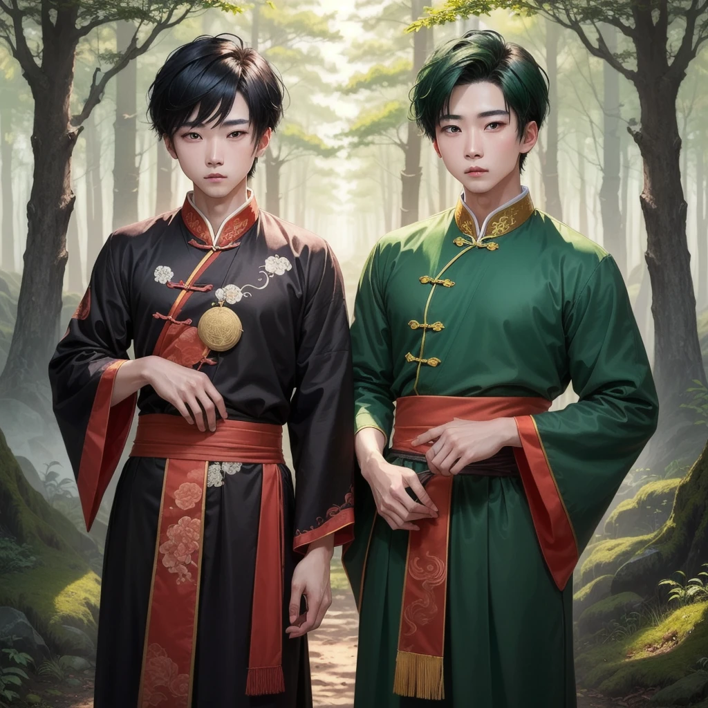 ((best quality)), ((masterpiece)), (detailed), A twins boy , with short black and green color hair and white skin. , Red eyes, black ancient chinese costume ,cool , The background is forest.