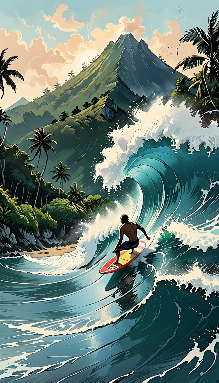 ocean and big waves where the outline of a surfer is slightly visible, the seething water catches up and throws him up, a dormant volcano and a tropical forest can be seen in the background, graphic style of novel comics, perfect hands, 2d, 
outline of a man on a surfboard conquers the wave,
8k, hyperrealism, masterpiece, high resolution, best quality, ultra-detailed, super realistic, Hyperrealistic art, high-quality, ultra high res, highest detailed, lot of details, Extremely high-resolution details, incredibly lifelike, colourful, soft cinematic light,