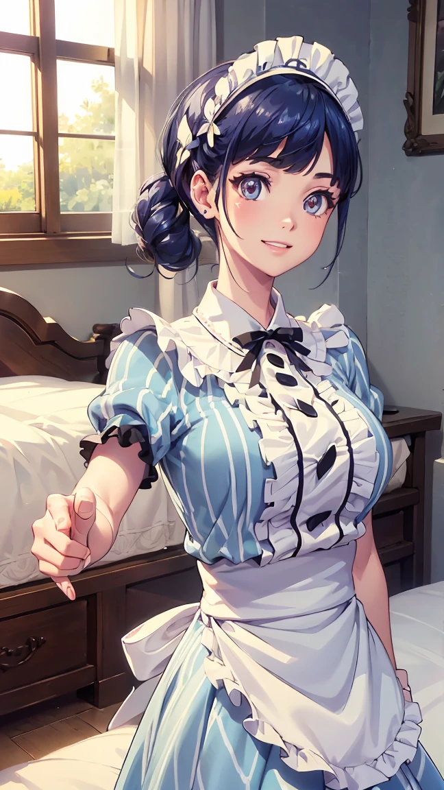  maid, maid headdress, striped dress, white apron, black ribbon,blonds color hair,BREAK looking at viewer, (cowboy shot:1.5), BREAK (masterpiece:1.2), best quality, high resolution, unity 8k wallpaper, (illustration:0.8), (beautiful detailed eyes:1.6), extremely detailed face, perfect lighting, extremely detailed CG, (perfect hands, perfect anatomy),---(beautiful anime face, cute face, detailed face), smile of joy, smiling expression, sitting on bed, cowboy shot, miniature human hand, (((medium bust 1.3))), (((thin thighs 1.3))), ((white walls bedroom 1.5)), ((white framed bed 1.5)), ((white ceiling bedroom 1.5)), ((divine light 1.5)), pure white chalk interior, pure white marble interior, ((Pure white bedroom like a Western castle: 1.5)), ((Luxurious pure white canopy bed: 1.4)), ((Chandelier: 1.4))), ((Pure white bed 1.5)), ((Beautifully decorated bedroom 1.5)), perfect anatomy, perfect proportions, nice lighting, bright colors, clean lines, information, blurred, stunning facial expression, restless emotions, gorgeous and cute, beautiful face and eyes in every detail, (masterpiece) beautiful face, young and handsome girl, really perfect skin, blurred, stunning facial expression, restless emotions, gorgeous and cute, beautiful face and eyes in every detail, (Audrey Hepburn), (cute), (J-POP idol), (thighs, (depth of field), (depth of field), soft light, glittering lens gaze, (droopy eyes), straight teeth, shy smile, flowing hair, a scene from Blake's movie,