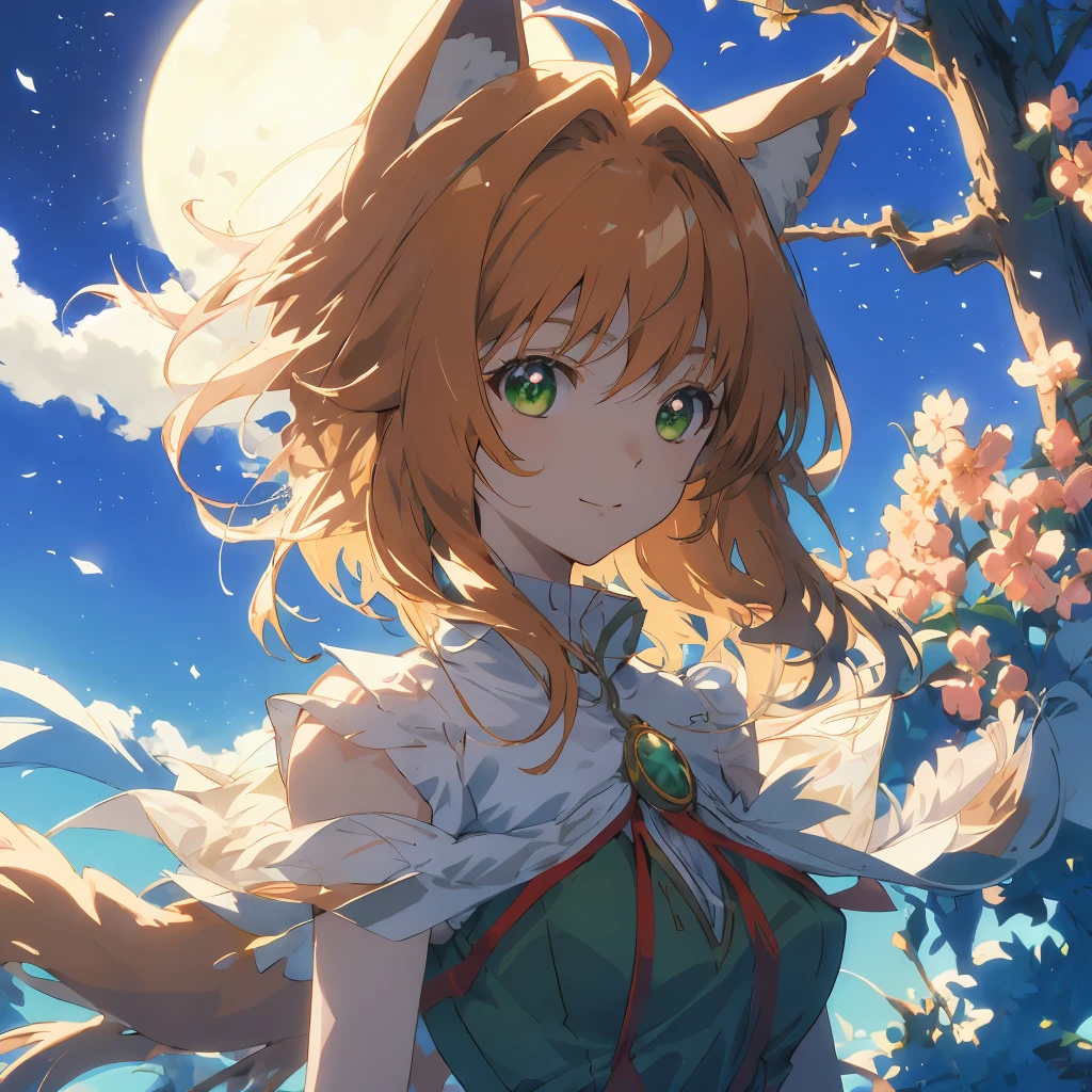 master piece, Best Quality, A high resolution, top-quality, Anime style, The best lighting, Beautiful face, kinomoto sakura, 1woman, tall, 30 years old, large breasts, light brown hair, very Short hair, shoulder length hair, Antenna Hair, Green eyes, frills, dynamic angle, wolf ears and tail, confident smile, vibrant colors, green meadows, , looking at viewer, moonlit summers night, full moon, in front of moon,