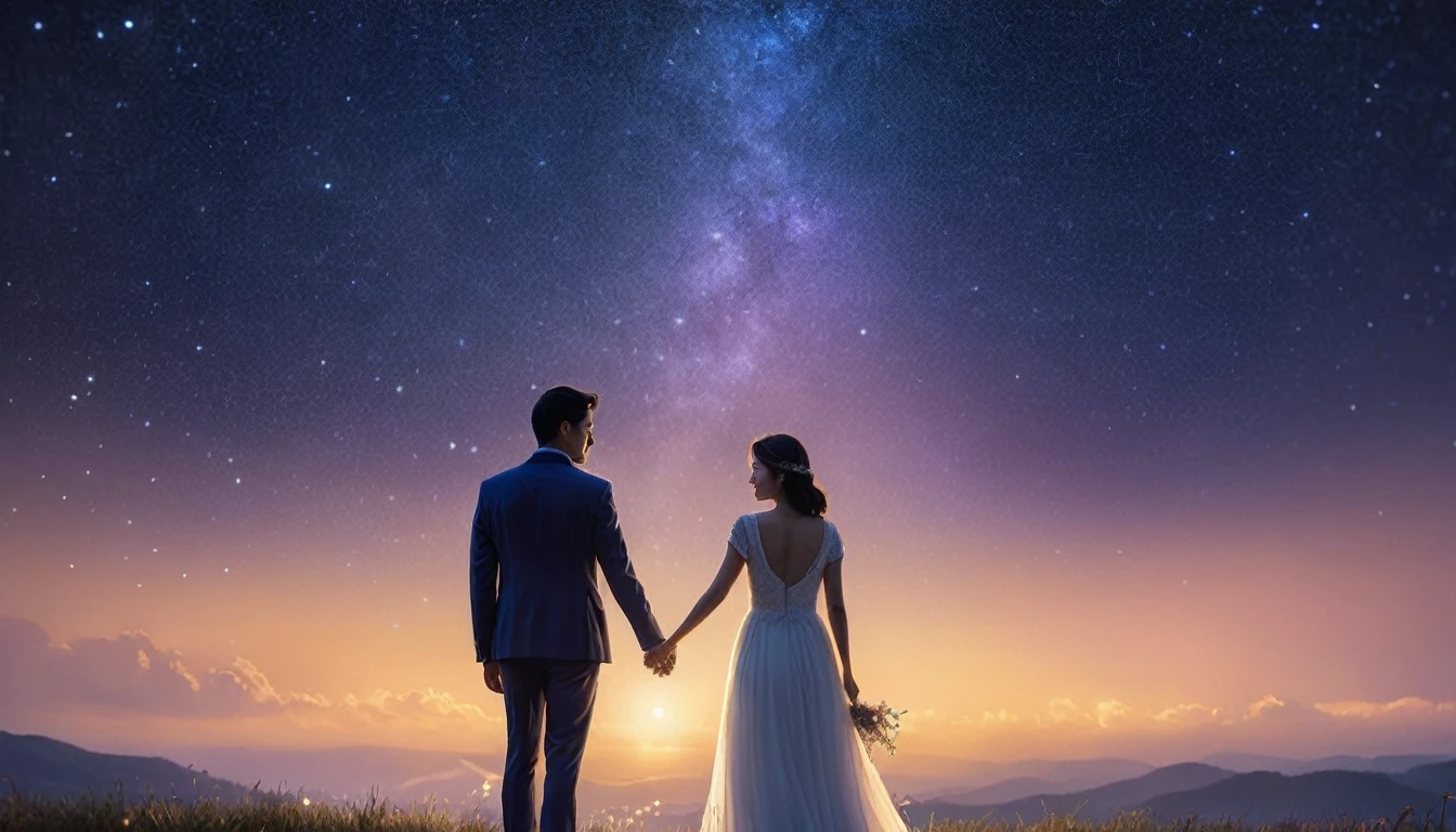 (best quality, masterpiece, ultra detailed), The image should depict a romantic and dreamy atmosphere, emphasizing the bond between two people. The background should feature a starry night sky with a soft, glowing light. In the foreground, show a couple holding hands, looking at each other with love and affection. The title "Eternal Glow" should be prominently displayed at the top in elegant, cursive font, with a subtle glow effect. The overall color scheme should include deep blues and purples with hints of gold and white to create a magical and timeless feel.