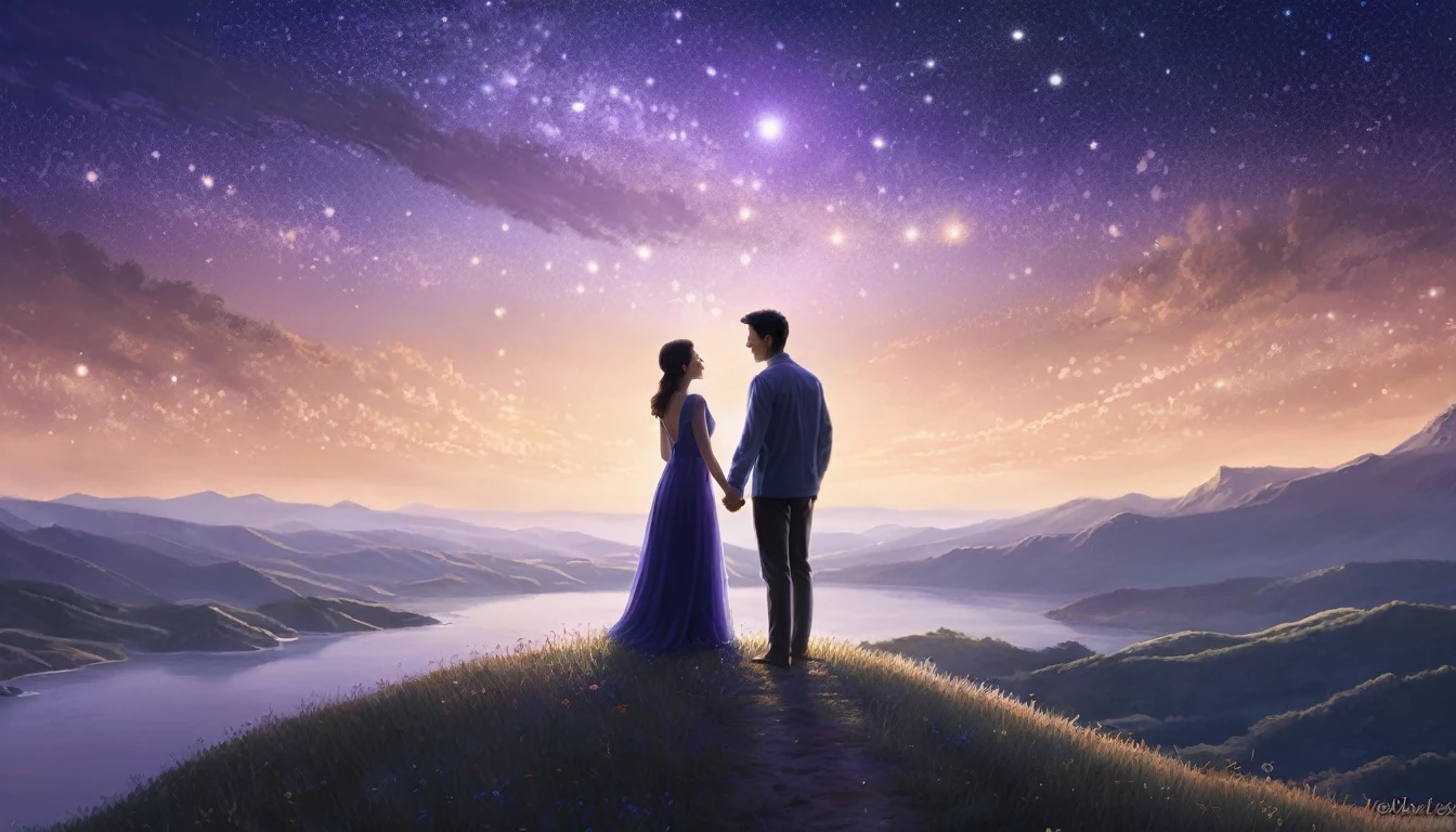 (best quality, masterpiece, ultra detailed),  The image should depict a romantic and dreamy atmosphere, emphasizing the bond between two people. The background should feature a starry night sky with a soft, glowing light. In the foreground, show a couple holding hands, looking at each other with love and affection. The title "Eternal Glow" should be prominently displayed at the top in elegant, cursive font, with a subtle glow effect. The overall color scheme should include deep blues and purples with hints of gold and white to create a magical and timeless feel.