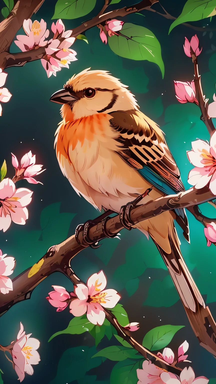 there is a bird sitting on a branch of a tree with flowers, background artwork, anime art wallpaper 4 k, anime art wallpaper 4k, beautiful art uhd 4 k, anime art wallpaper 8 k, cute detailed digital art, detailed painting 4 k, 4k detailed digital art, birds on cherry tree, 8k high quality detailed art, 4k detailed art