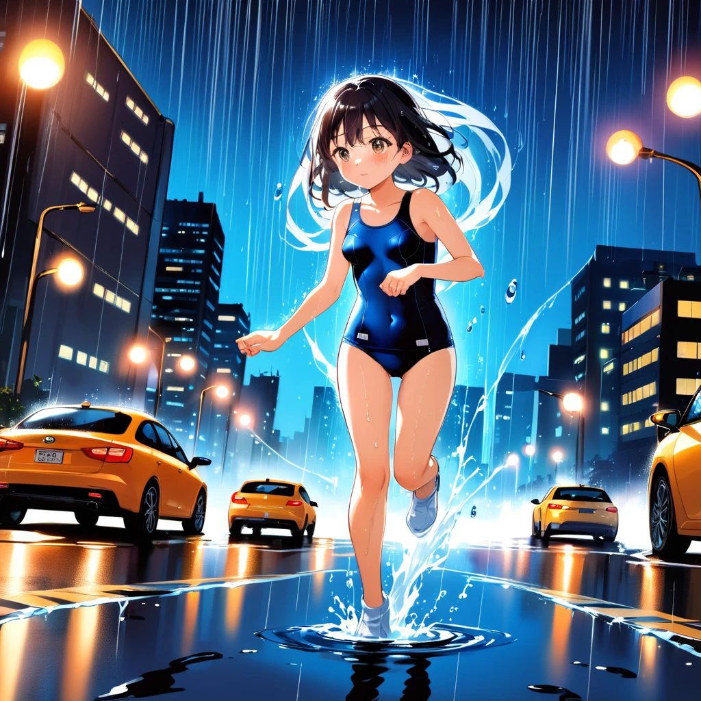 dynamic angle, ultra detailed cute moe anime, In the night city, under the dim glow of streetlights, a torrential downpour is falling heavily. Puddles form, and the roads flow like rivers. Amidst this, a girl in a (school swimsuit:1.3) is sprinting with all their might. The rain hits her skin, enveloping her in a cold embrace. Her hair is soaked, and water droplets stream down her face. The lights from surrounding buildings and cars reflect off the rain.