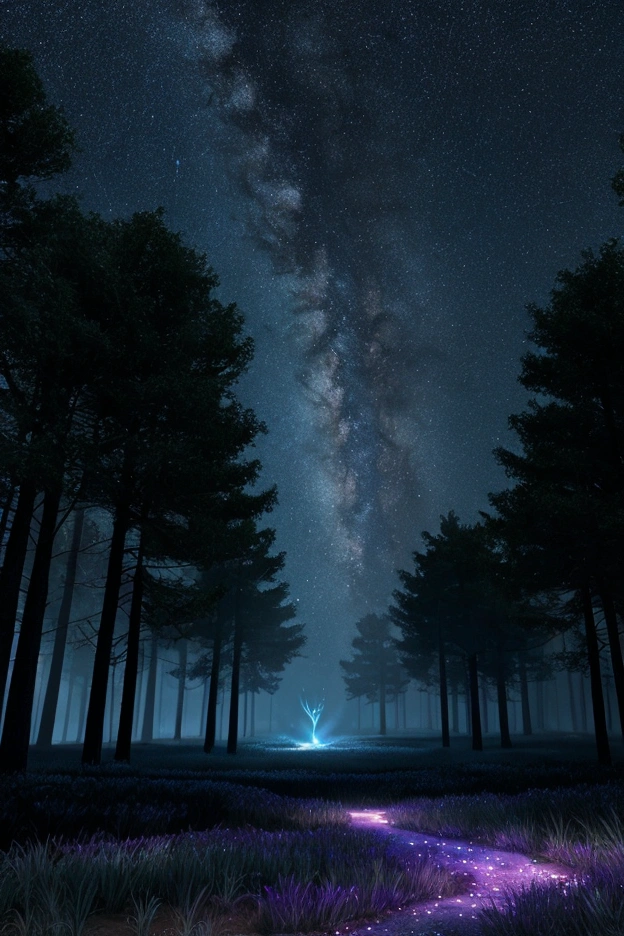 A tranquil forest clearing at dawn, sunlight filtering through misty air. Suddenly, bioluminescent butterflies emerge from flowering plants, their wings glowing in shades of blue and purple. As they take flight, they swirl in a spiral pattern, creating a shimmering vortex that rises towards the canopy. The camera slowly pans upward, following the butterfly spiral as it ascends, revealing glimpses of a starry sky through the treetops. The butterflies disperse among the stars, leaving trails of glowing dust that form constellations